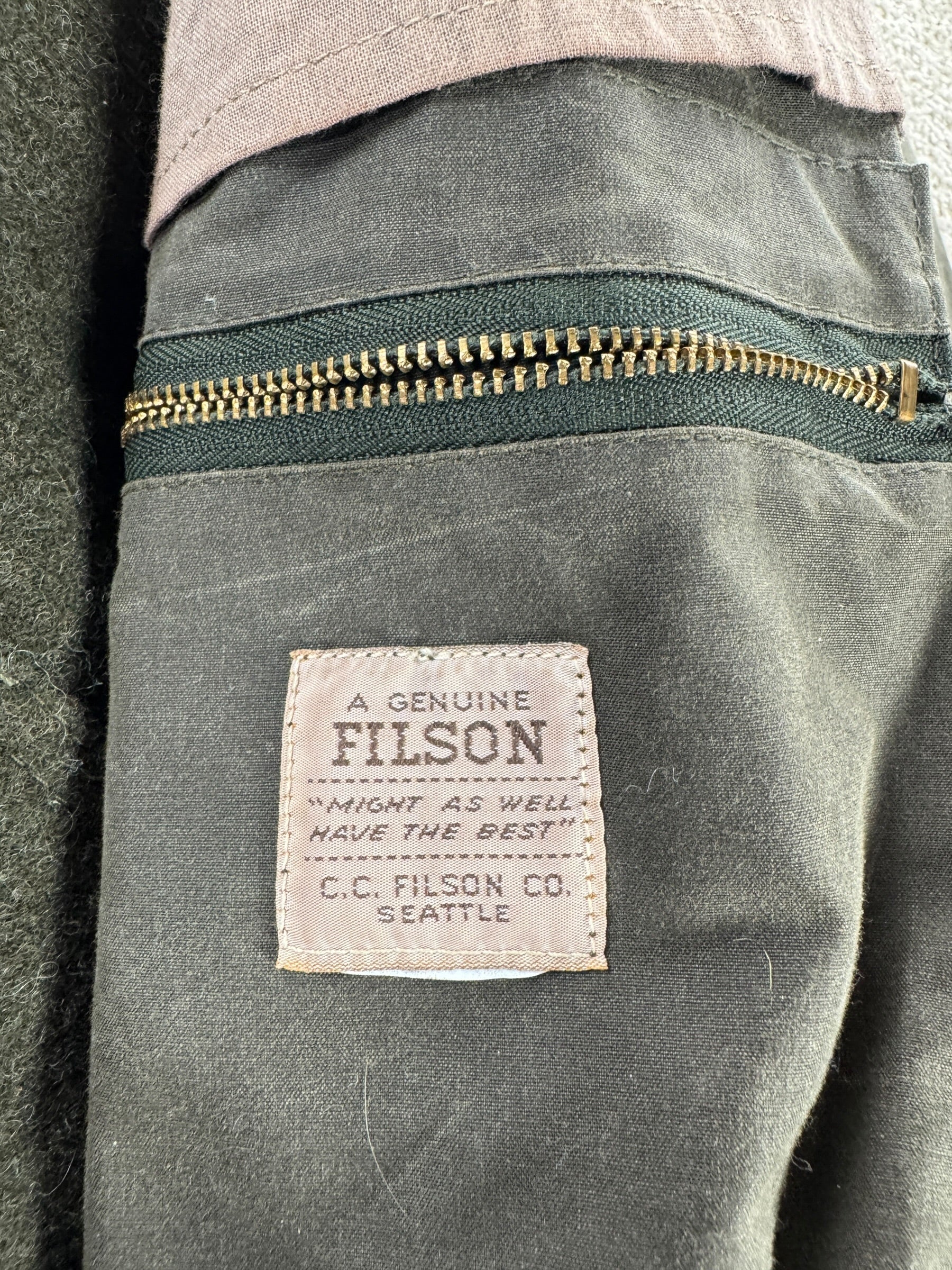 Label on Vintage Filson All Season Rain Coat SZ XXL