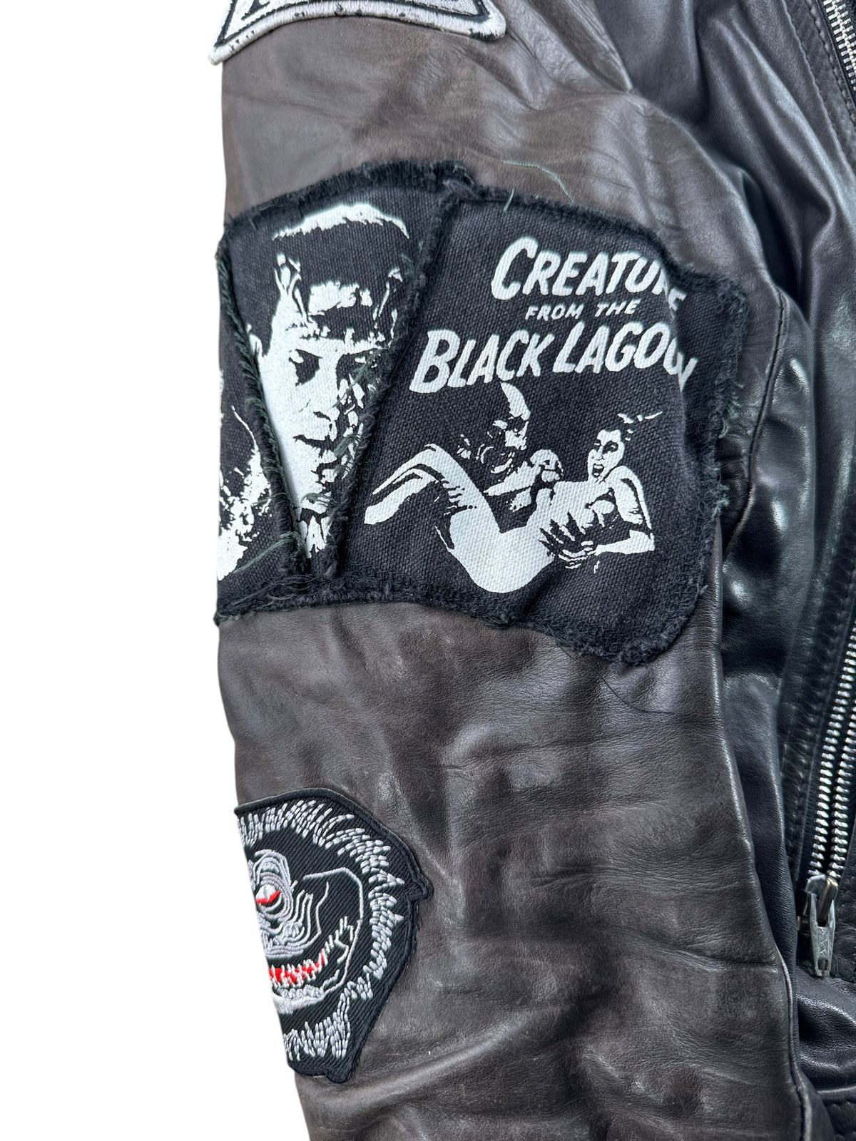 Patches on Vintage 90s Leather Battle Jacket SZ M