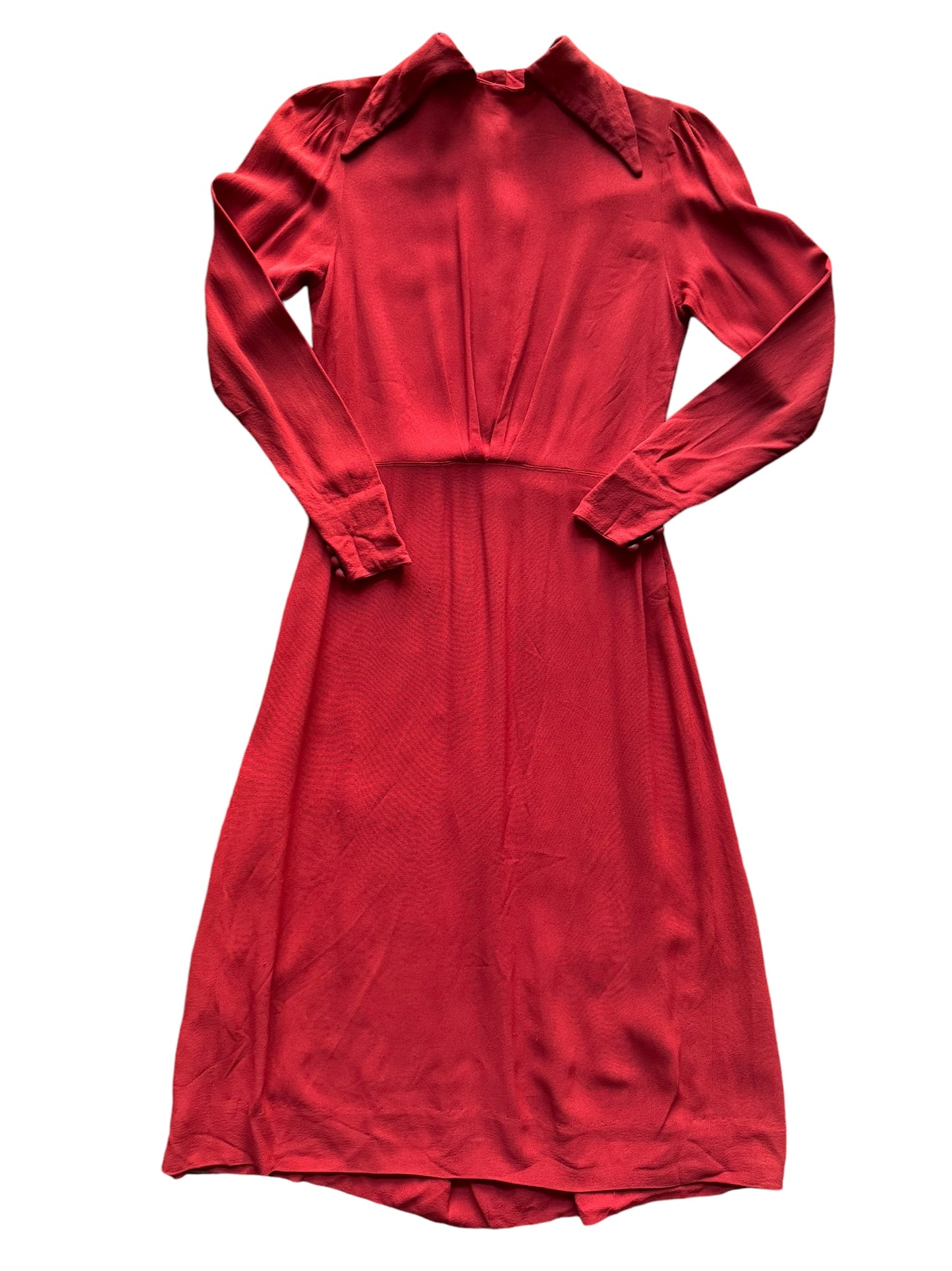 Front flat view of 1930s-40s Red Rayon Back button Dress S