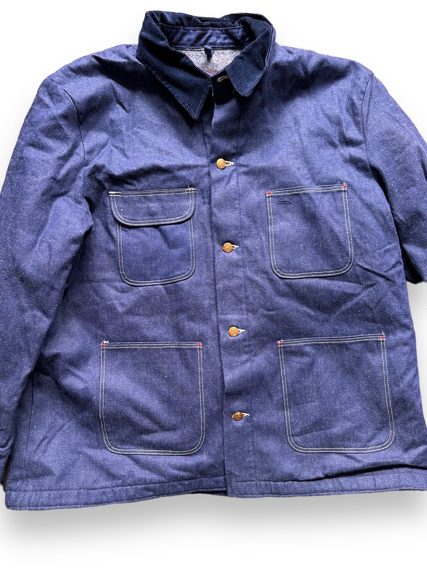 Front Detail on Vintage NOS Blue Bell Blanket Lined Denim Chore Coat SZ 50 | Vintage Denim Chore Coat | Barn Owl Vintage Seattle