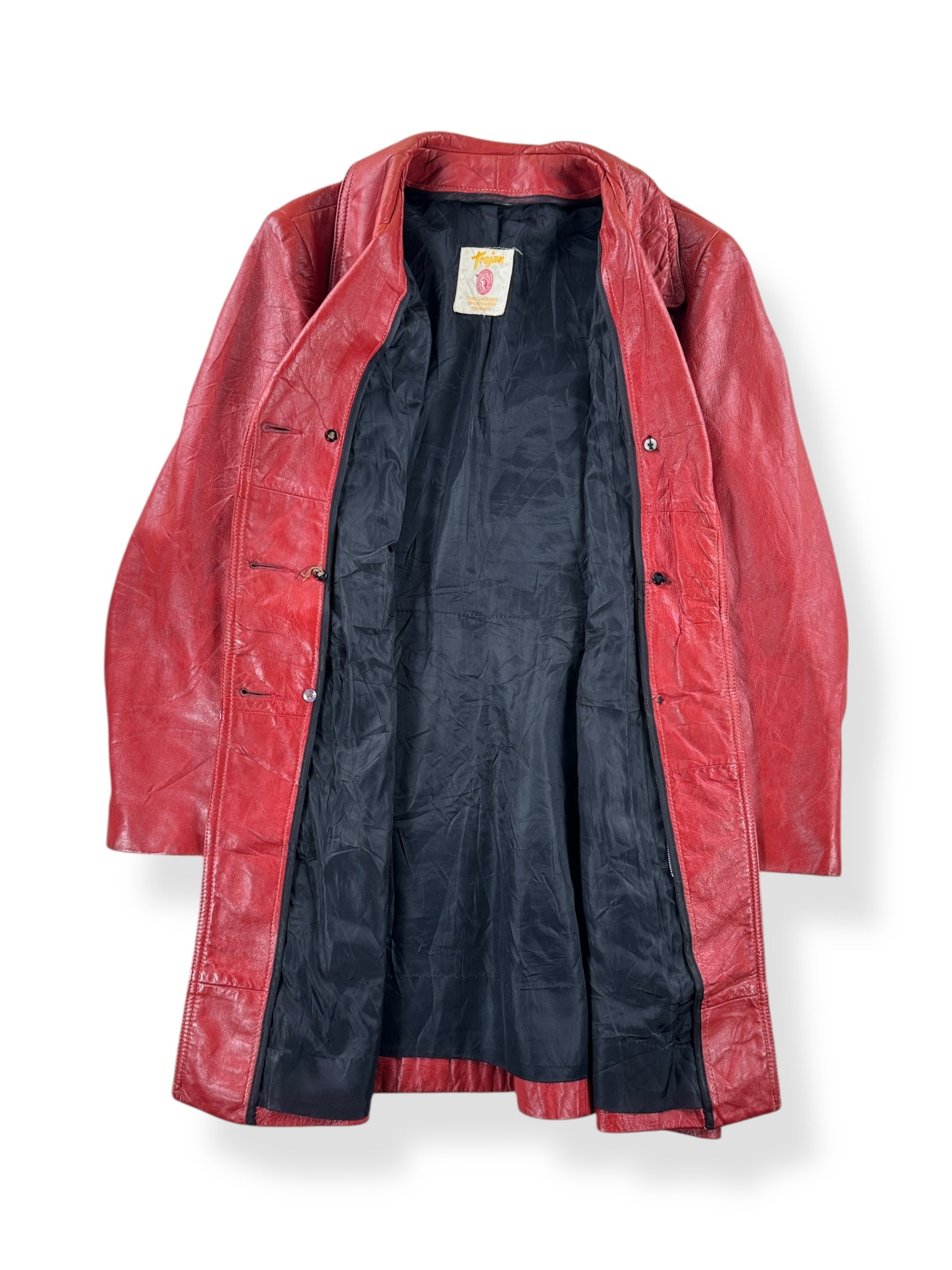 Inside of Vintage Womens 60s Trojan Red Leather Coat SZ M AS IS