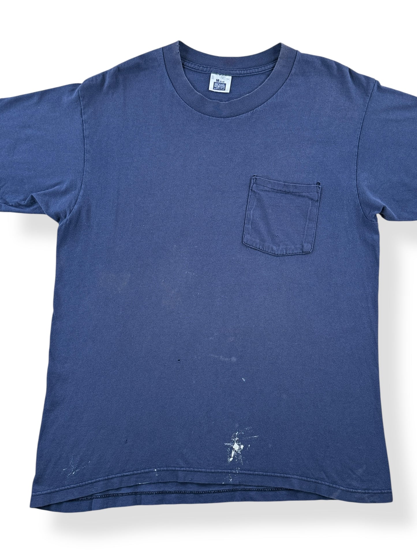Front Close Up of Vintage Michael Morgan 100% Cotton Dark Blue Pocket Painter Tee SZ M