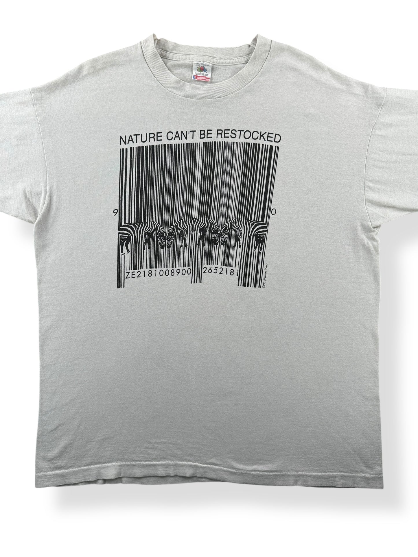 Front Close Up of Vintage Zebra Barcode Tee SZ XL