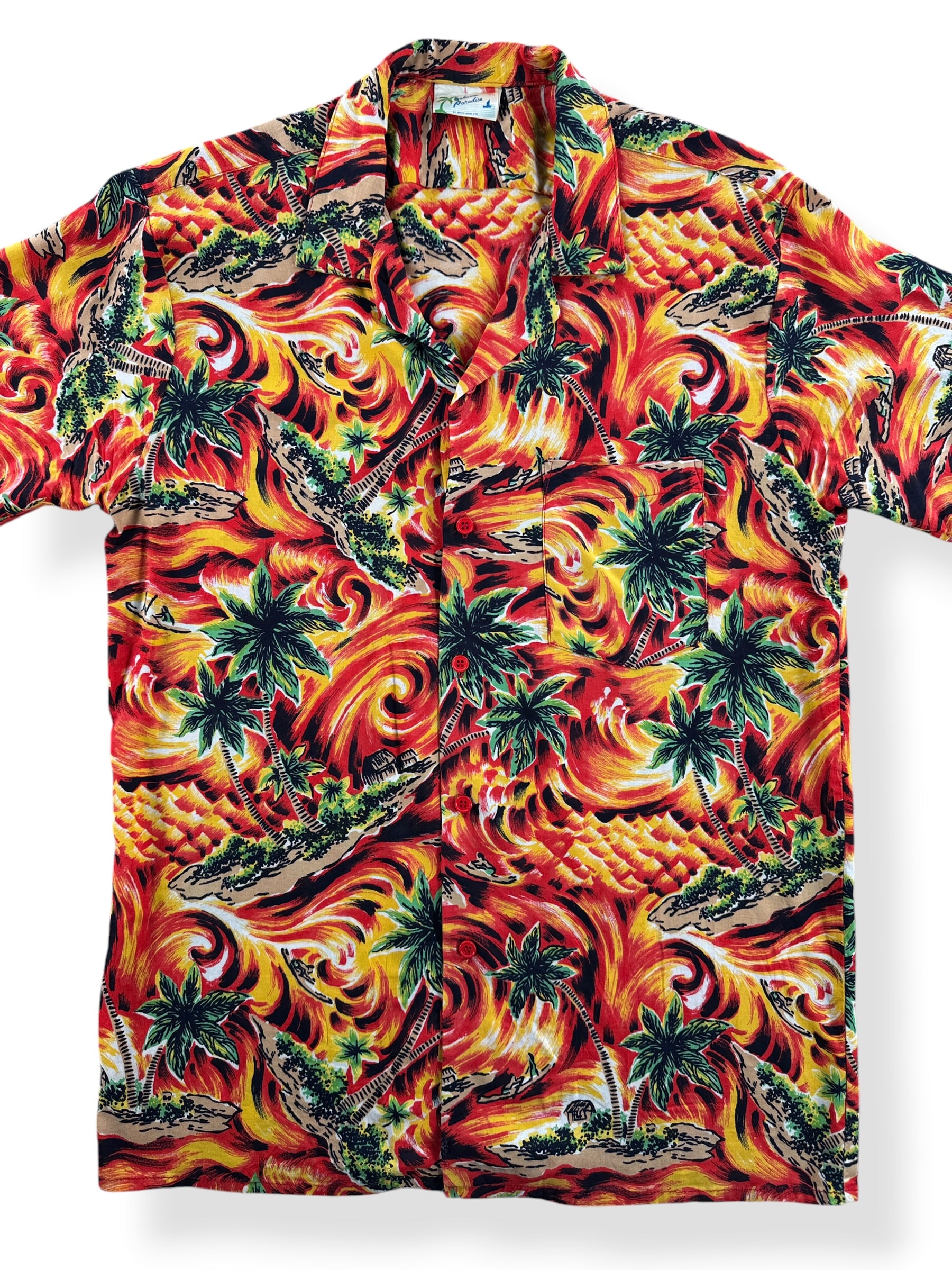 Front Close Up of Vintage Bahama Paradise Aloha Shirt SZ L (Fits S)