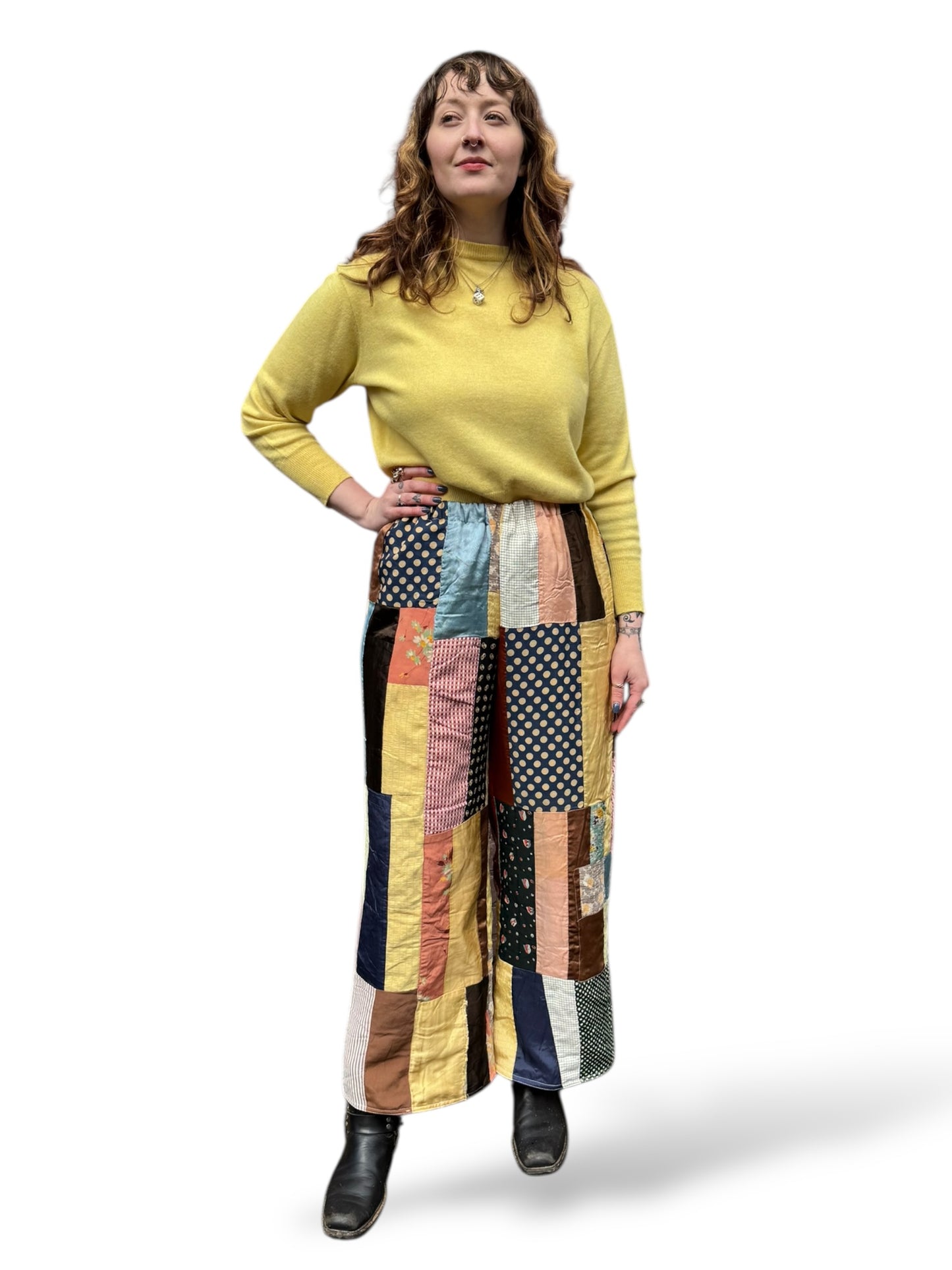 On Body Front of Archive Craft X Barn Owl Vintage Quilt Pants SZ S
