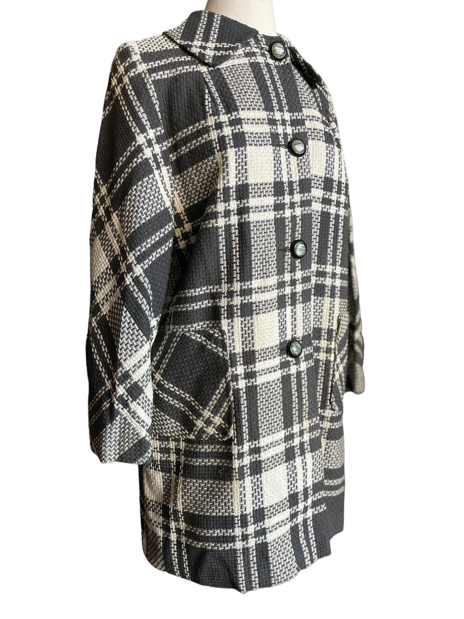 Right side full view of Vintage 1960s Black and White Plaid Coat | Barn Owl Ladies Coats | Seattle True Vintage