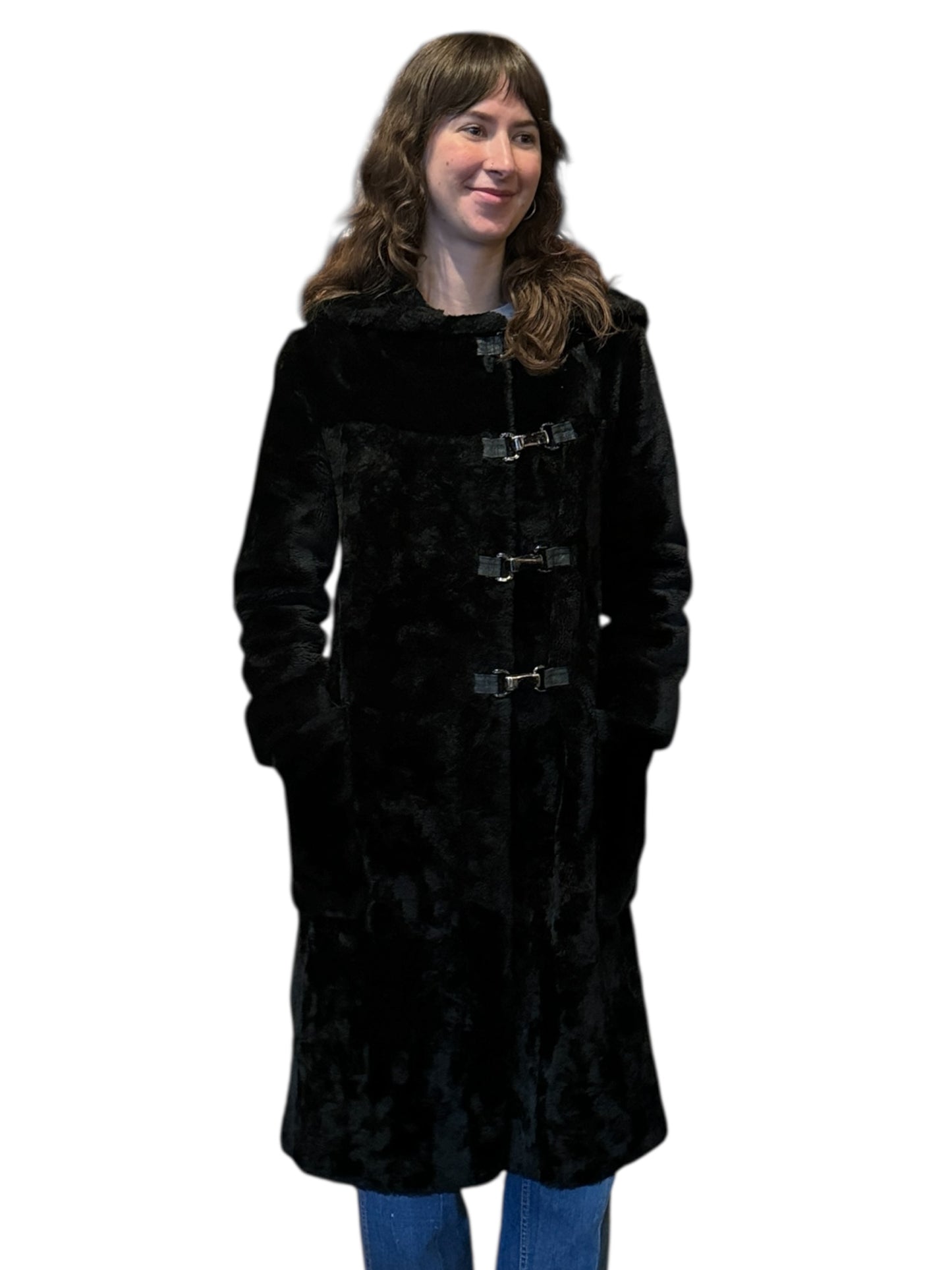 Front of Vintage 1960s Faux Fur Coat W/ Metal Clasps SZ XS