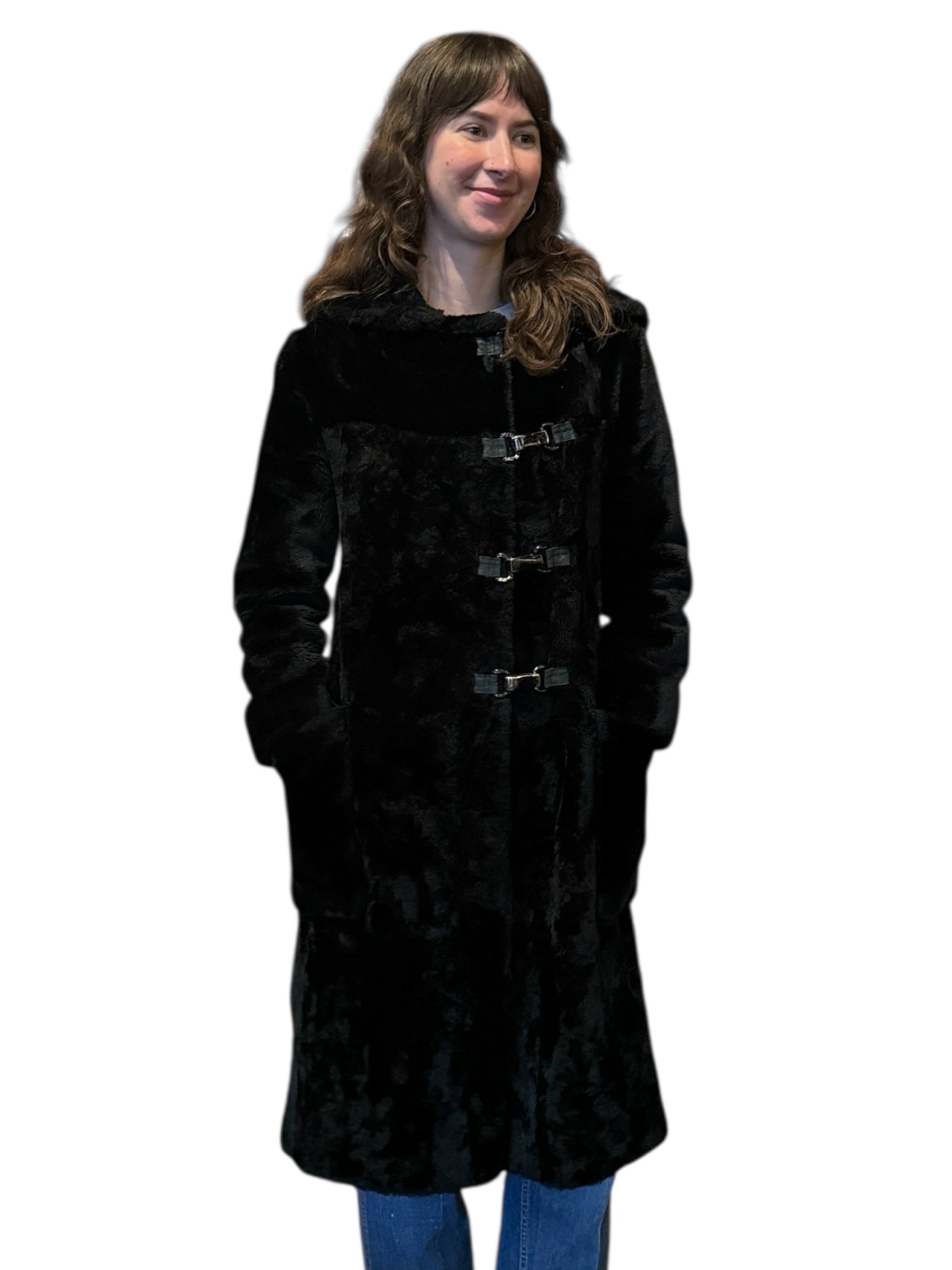 Front of Vintage 1960s Faux Fur Coat W/ Metal Clasps SZ XS