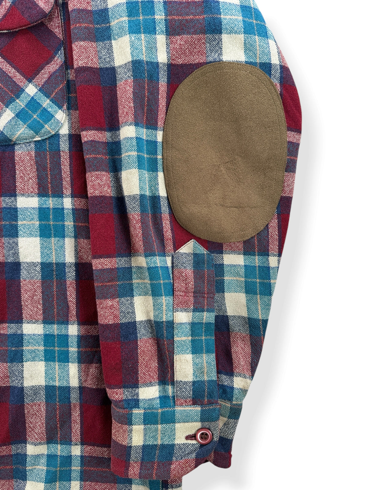 Sleeve on Vintage Pendleton Maroon Plaid Board Shirt W/ Elbow Pads SZ L - AS IS