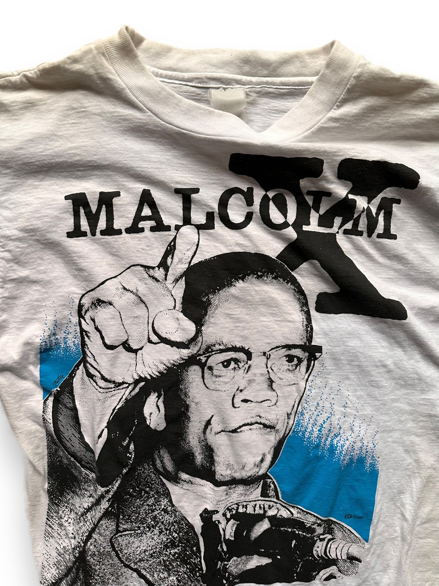 Upper Front Tag View of Vintage 1991 Malcolm X Single Stitch Tee SZ M | Vintage Malcolm X T-Shirts Seattle | Barn Owl Vintage Clothing Seattle