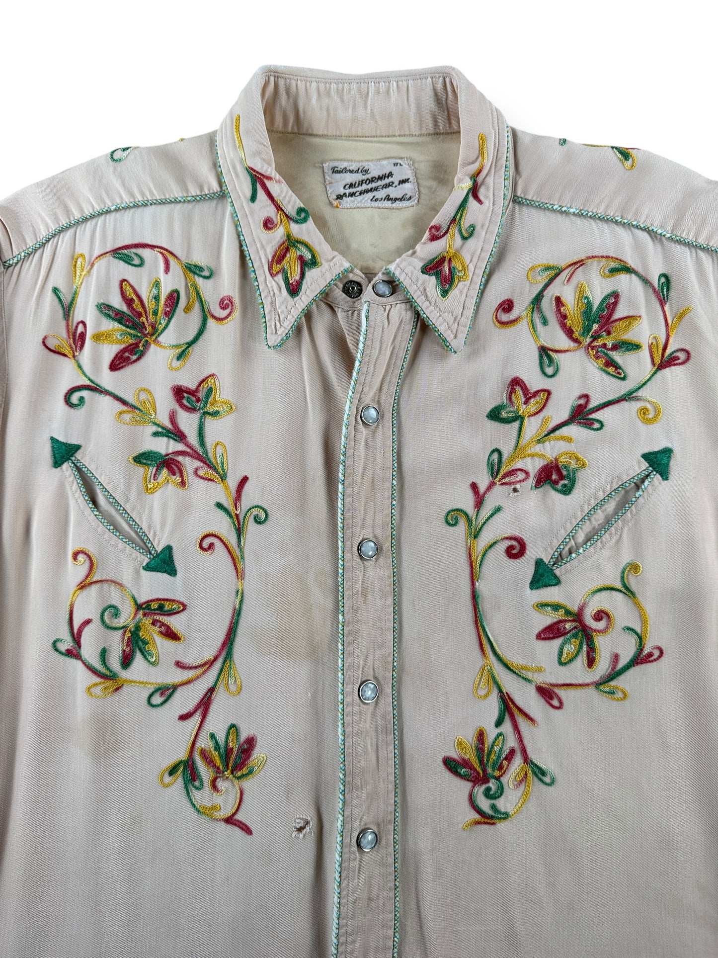 Embroidery on Vintage California Ranchwear Rayon Gabardine Embroidered Pearl Snap SZ XL