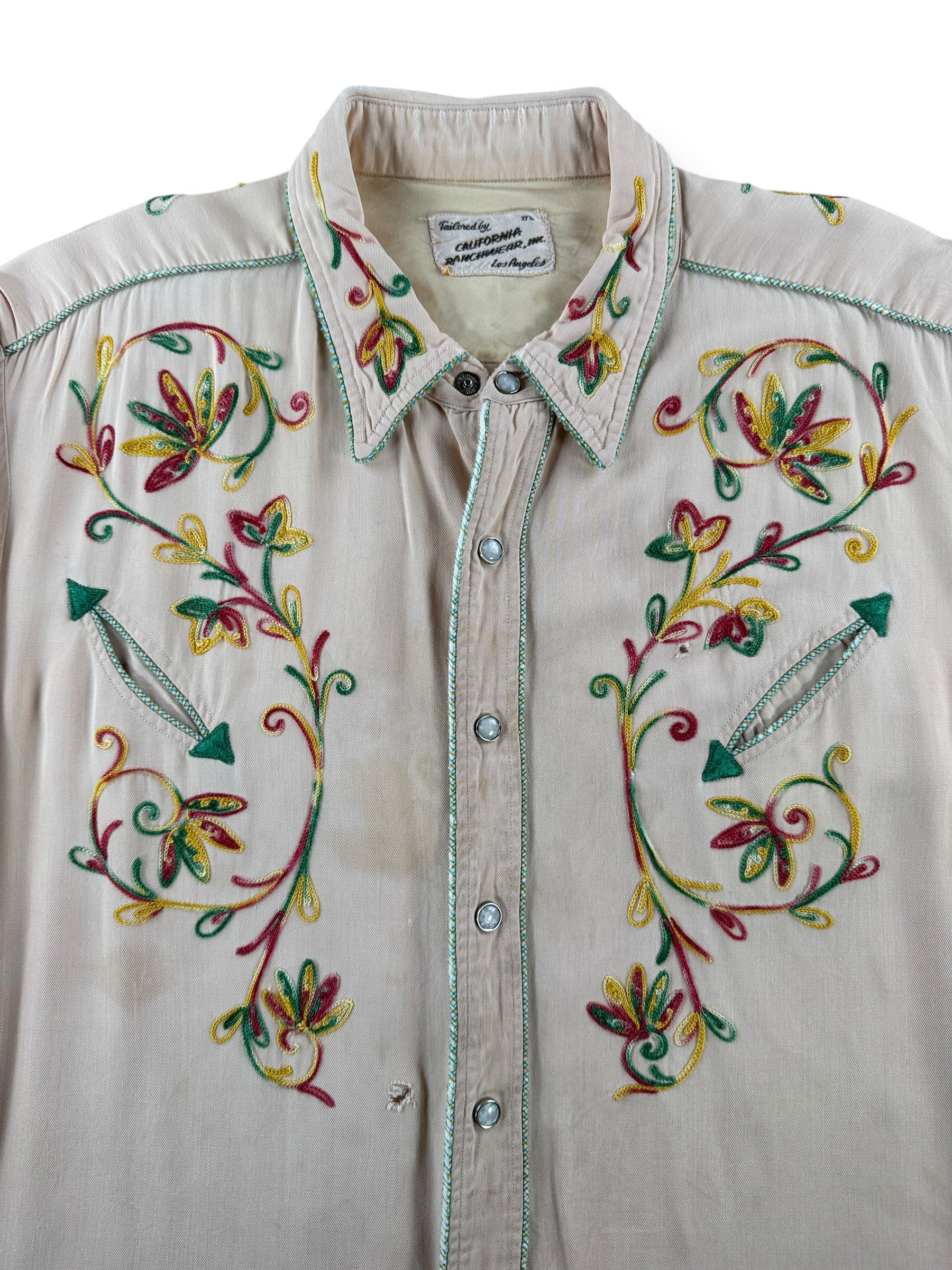 Embroidery on Vintage California Ranchwear Rayon Gabardine Embroidered Pearl Snap SZ XL