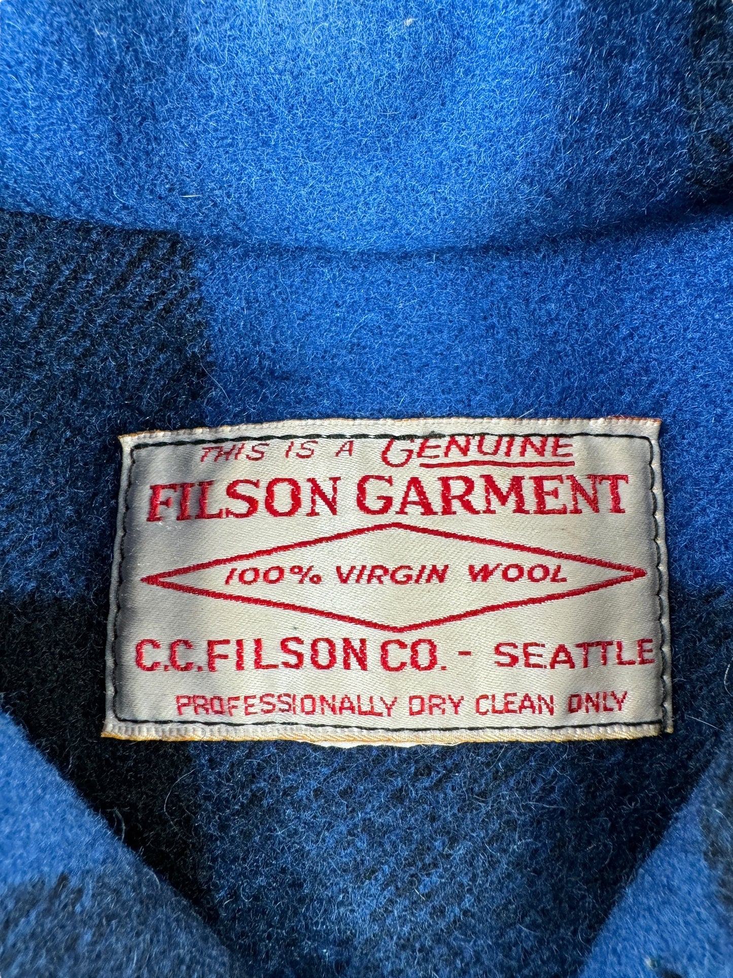 Tag on Vintage Filson Cobalt Blue & Black Double Mackinaw Jacket SZ 38