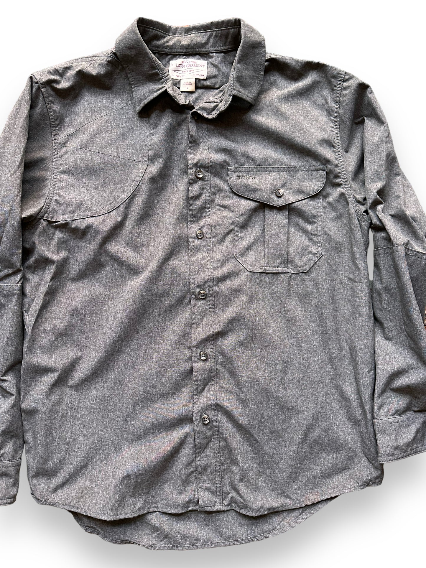 Front Detail on Filson Mulch Colored Right Handed Shooting Shirt SZ M |  Barn Owl Vintage Goods | Vintage Filson Workwear Seattle