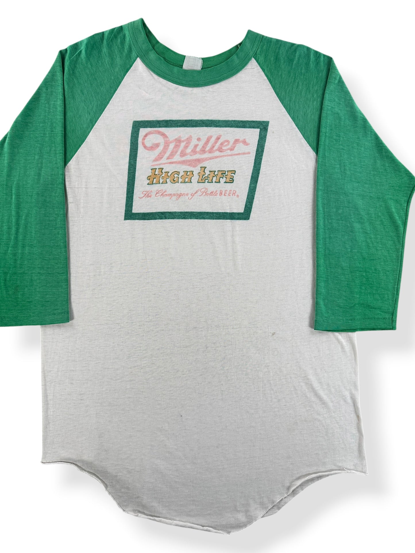 Front Close Up of Vintage Miller High Life Raglan Tee SZ L