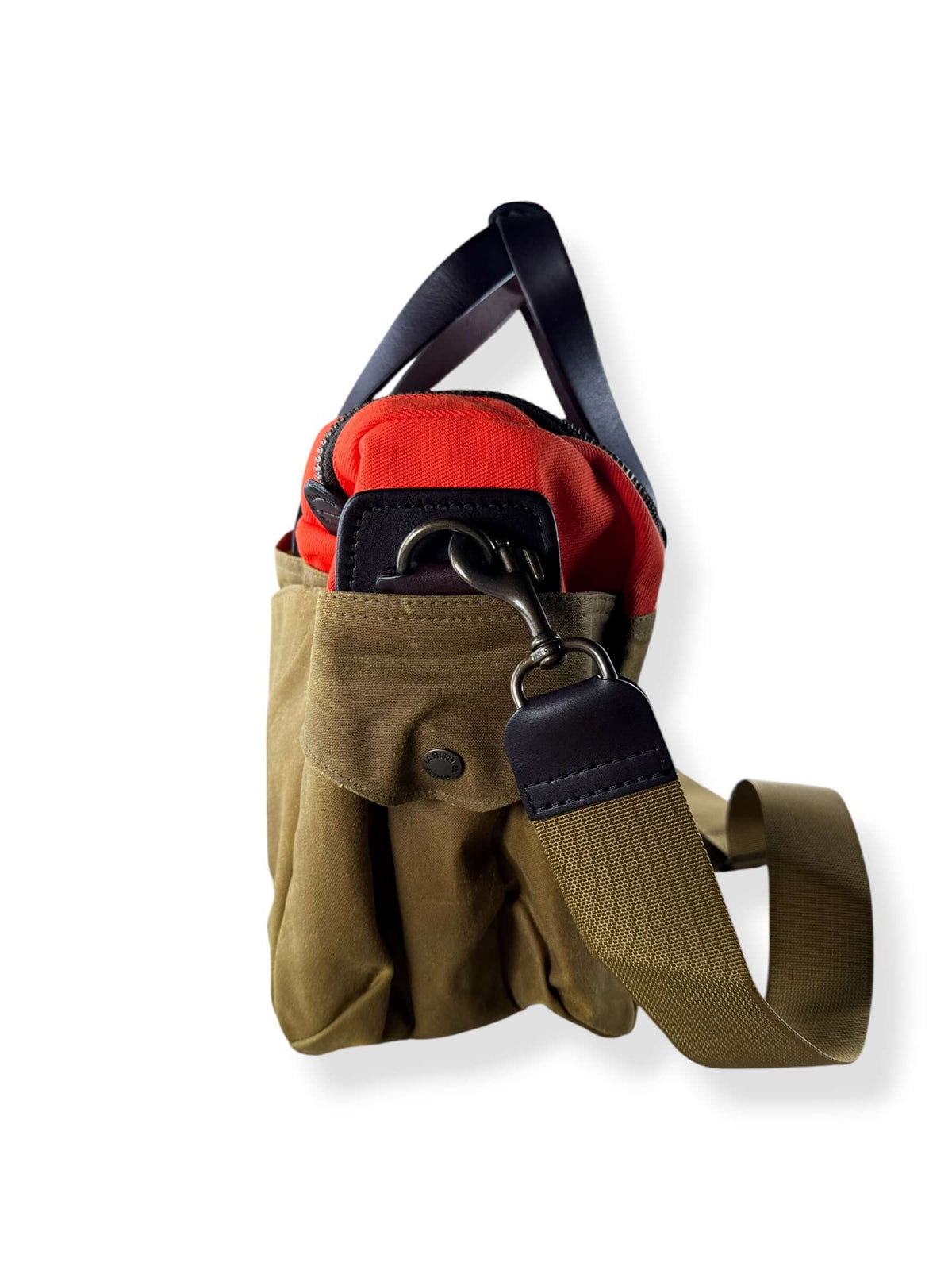 Side of Filson Heritage Sportsman Bag Orange Dark Tan NWOT