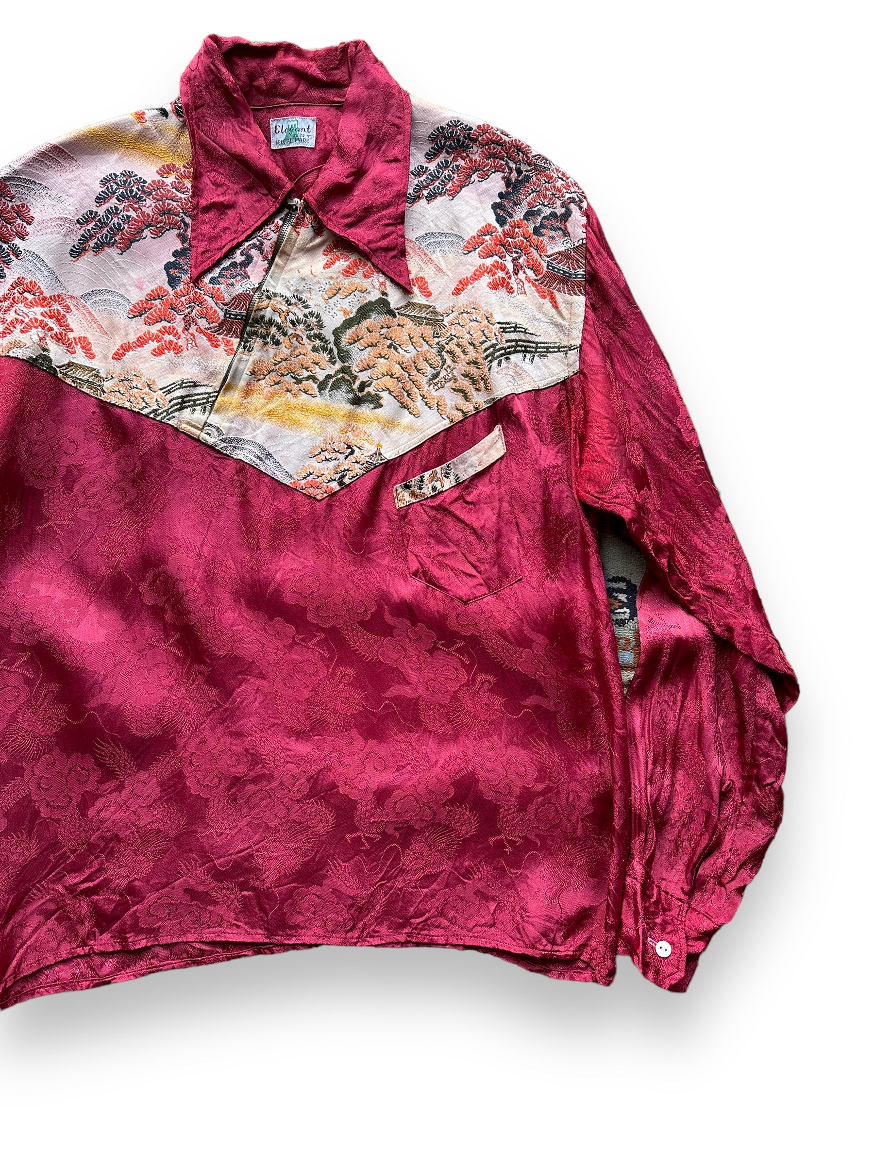 Front Left View of Vintage Two-Tone Elegant Art Japanese Souvenir Shirt SZ L | Vintage Souvenir Jacket Seattle | Barn Owl Vintage Seattle