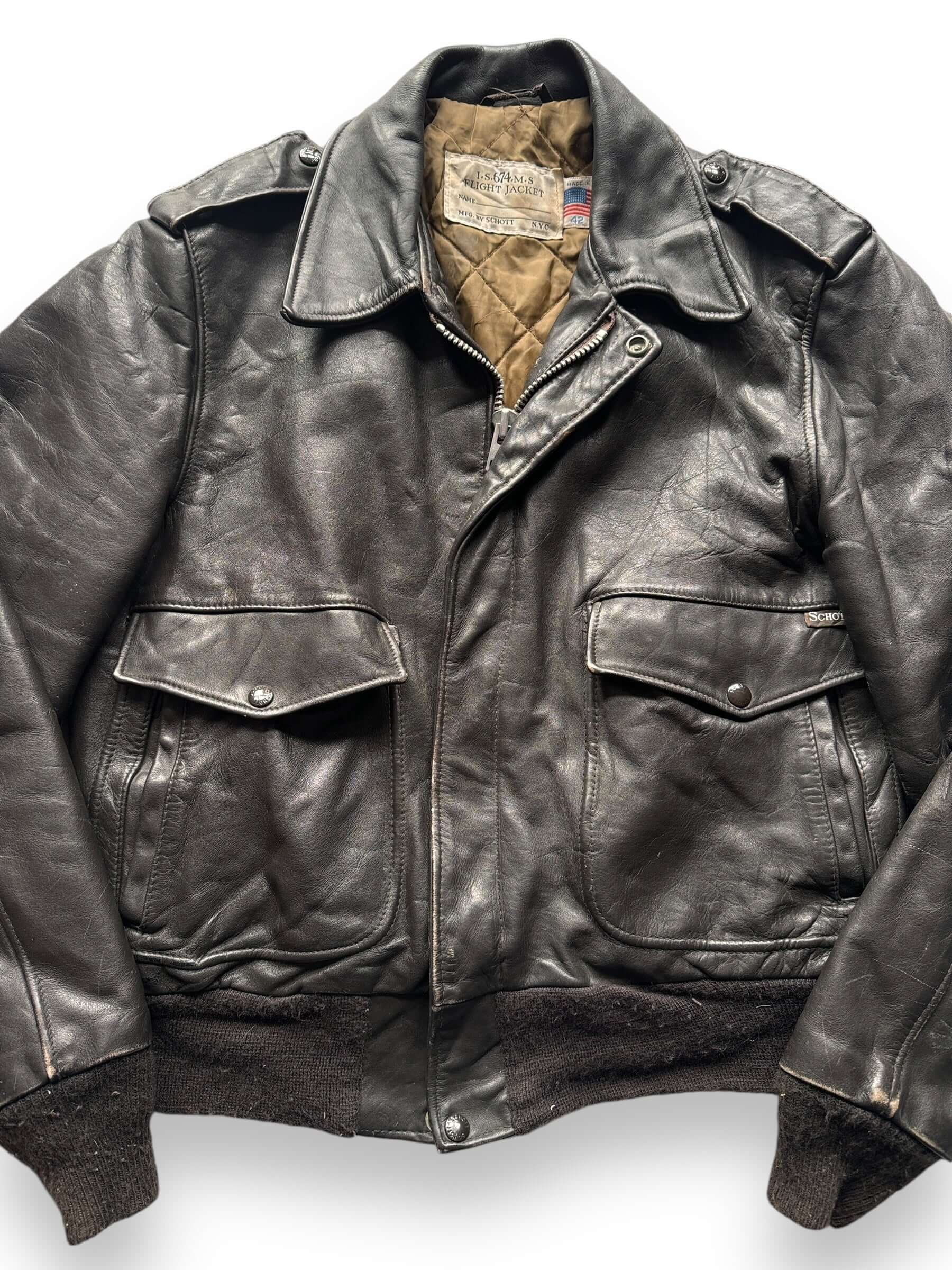 Front Detail on Vintage Schott IS 674 Leather Flight Jacket SZ 42