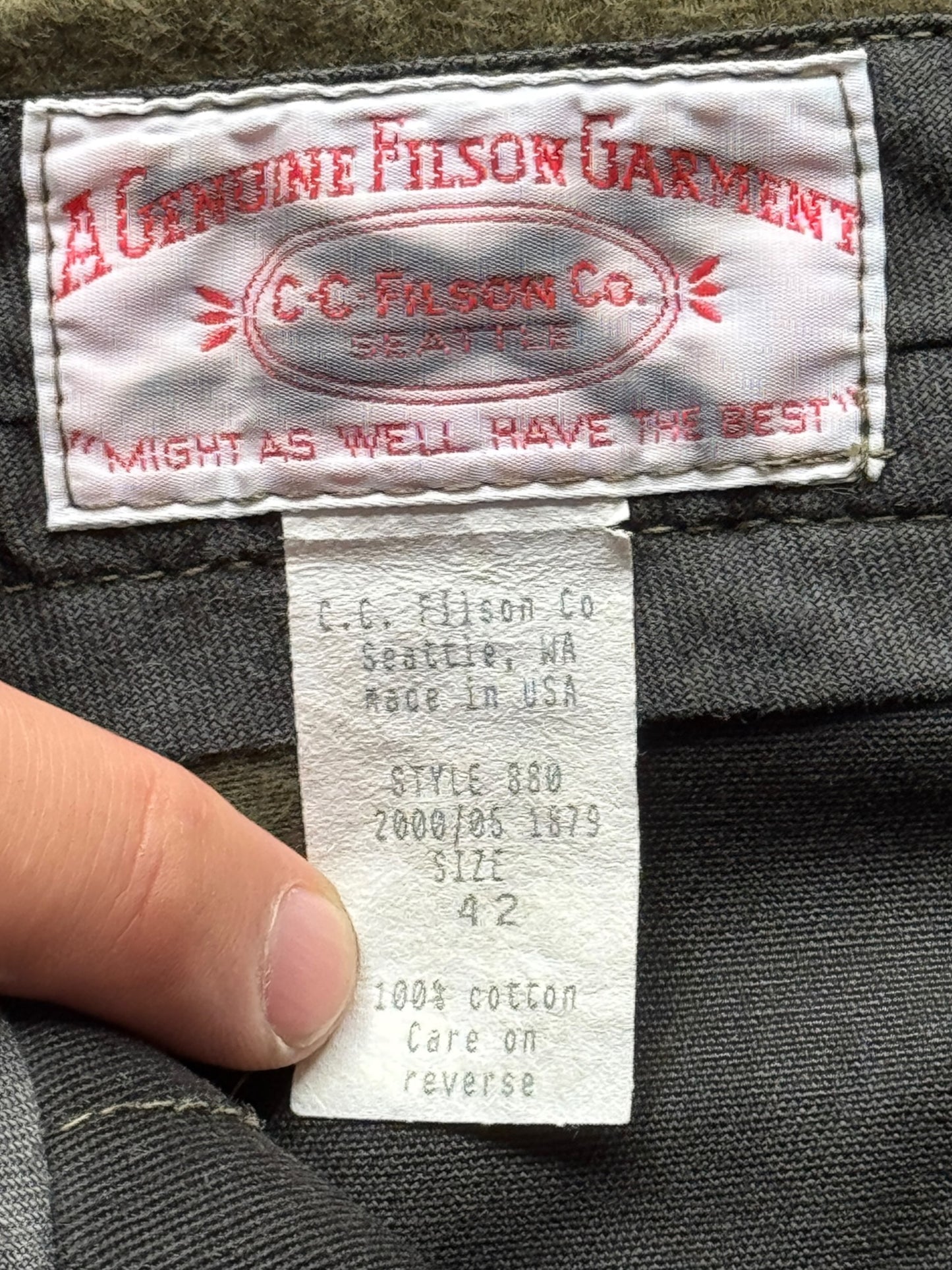 Tag on inside of Filson Style 880 Moleskin Pants W42 (Fits W41)