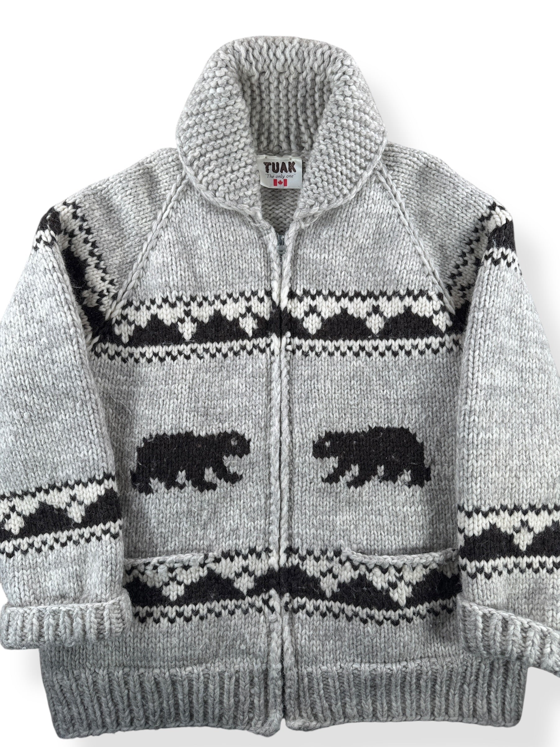 Front Close Up of Vintage Tuak Brand Cowichan Style Sweater SZ XL