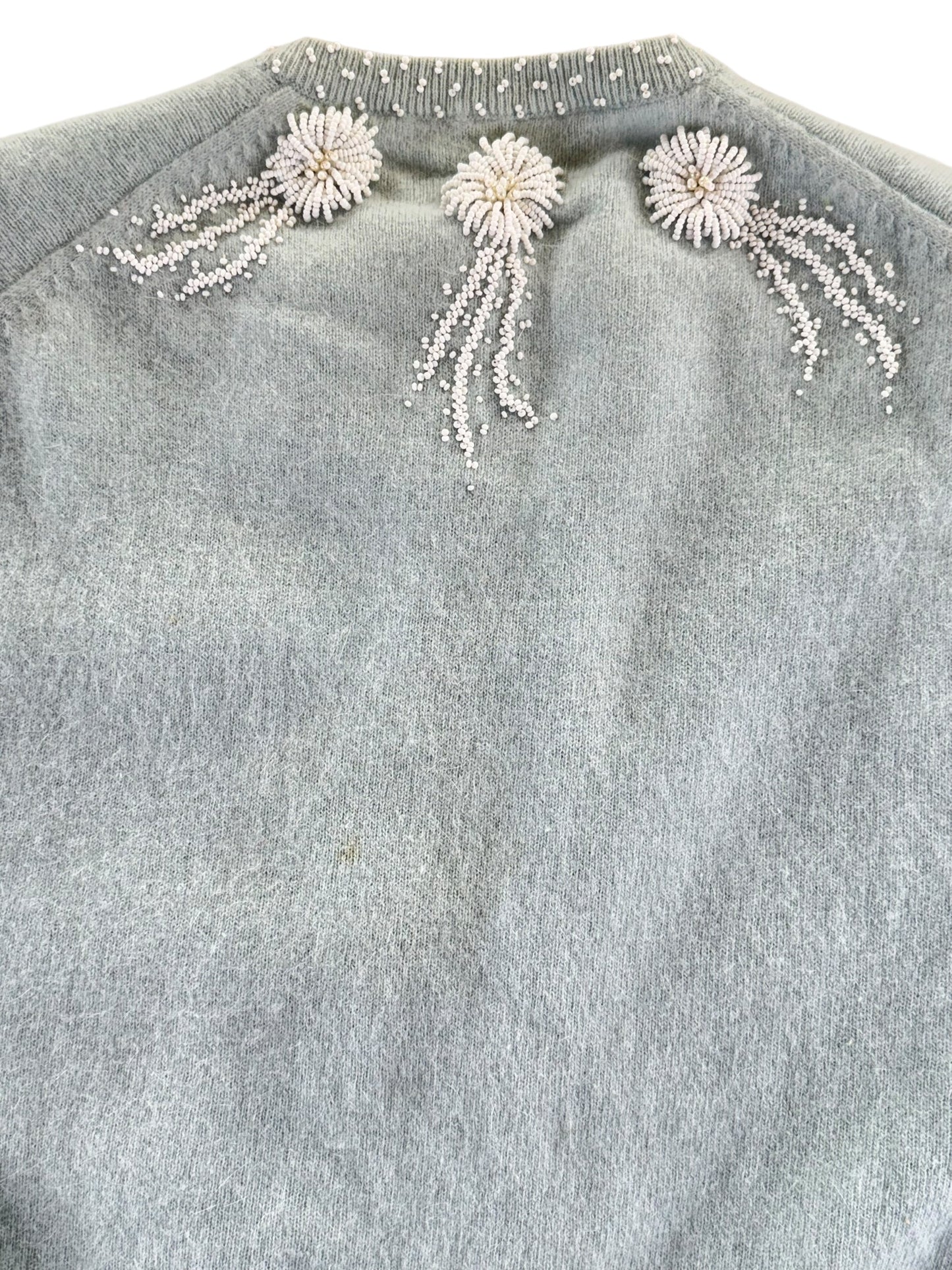 Back detail of 1950s Pale Blue Beaded Angora/Lamb's Wool Cardigan M