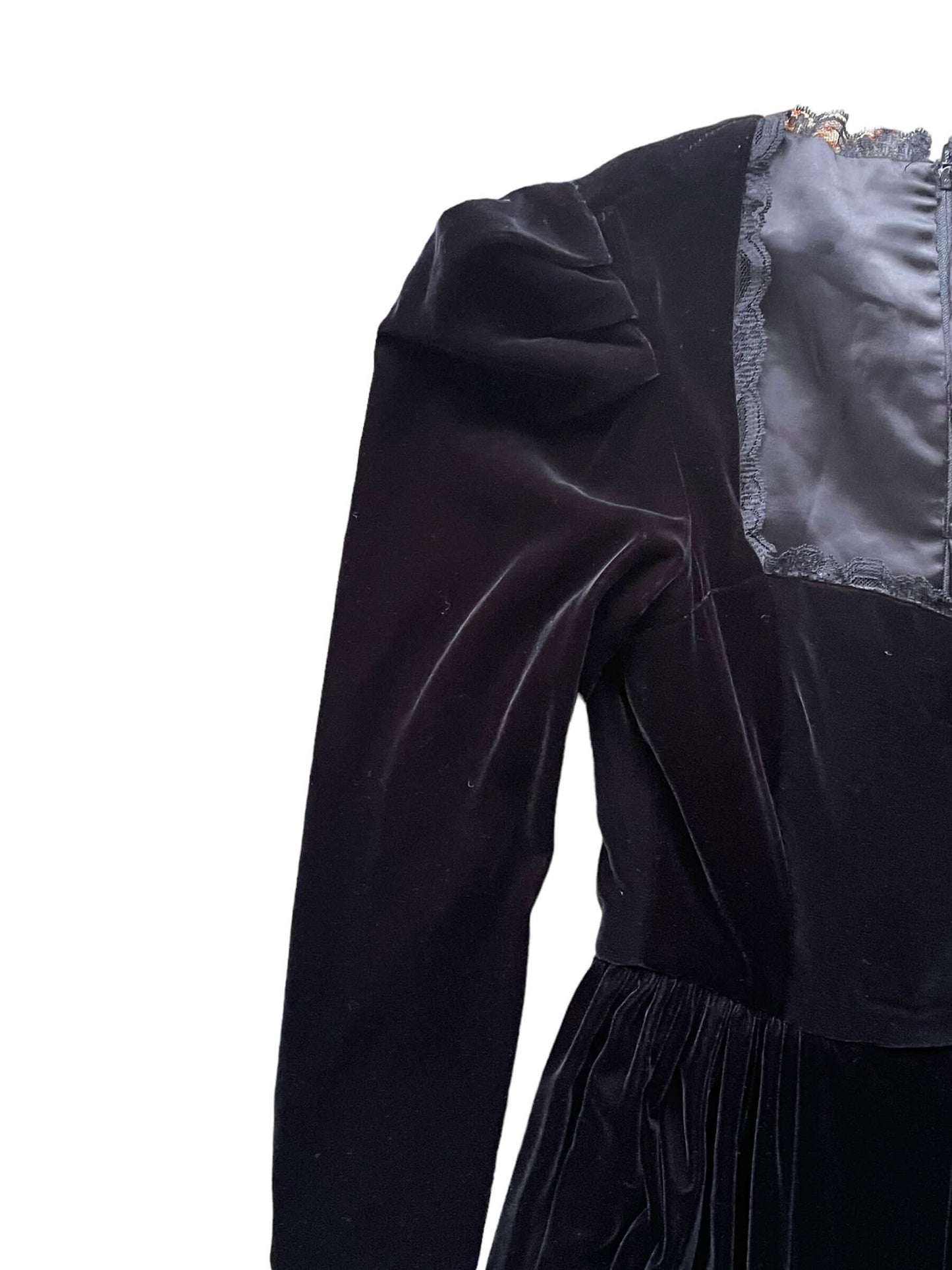 Front right shoulder view of Vintage 1970s Black Velvet Dress |  Barn Owl Vintage Dresses | Seattle Vintage Ladies Clothing