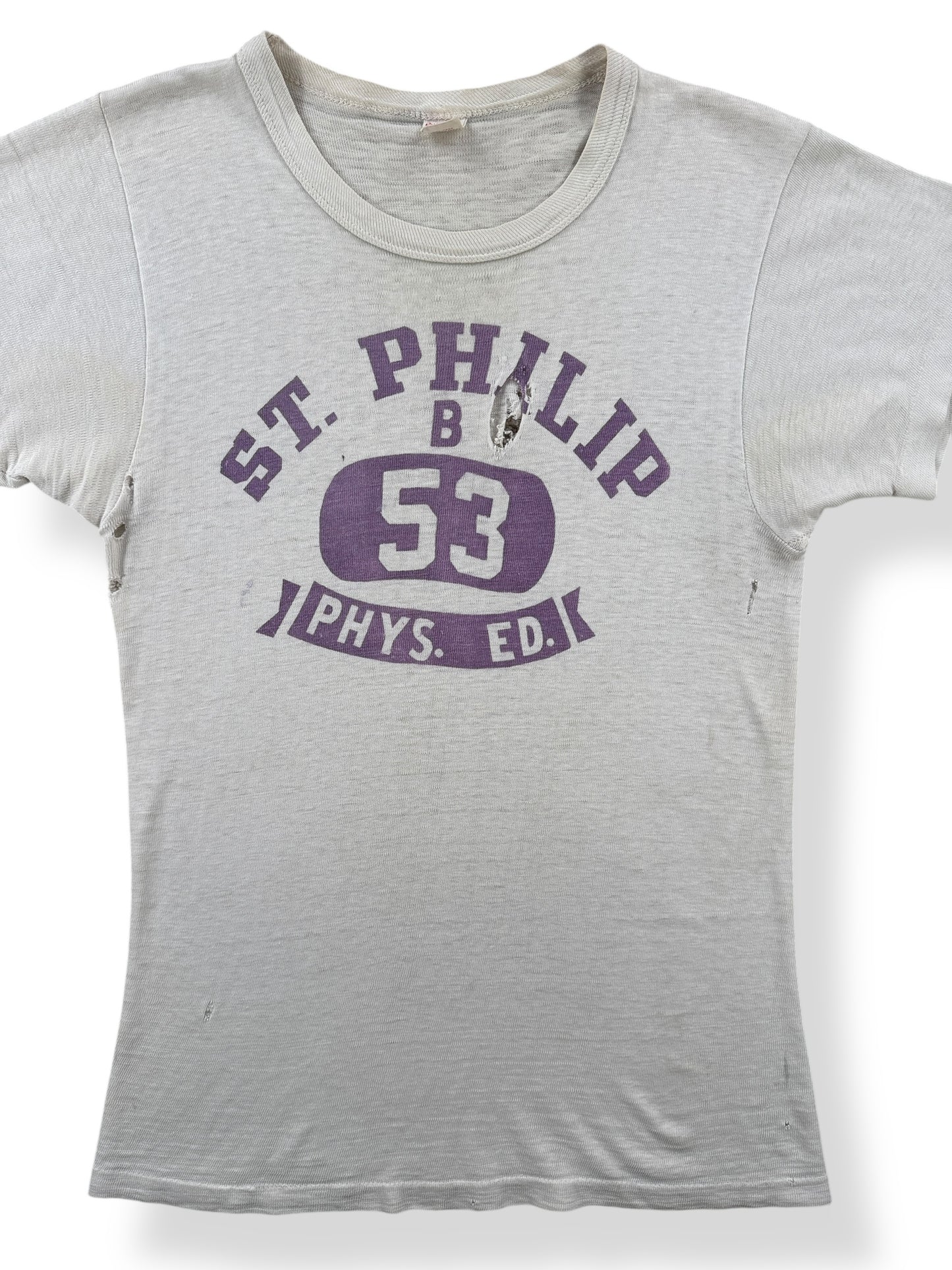 Front Close Up of Vintage 60s Era Russell Southern St Phillip Phys Ed Tee SZ S