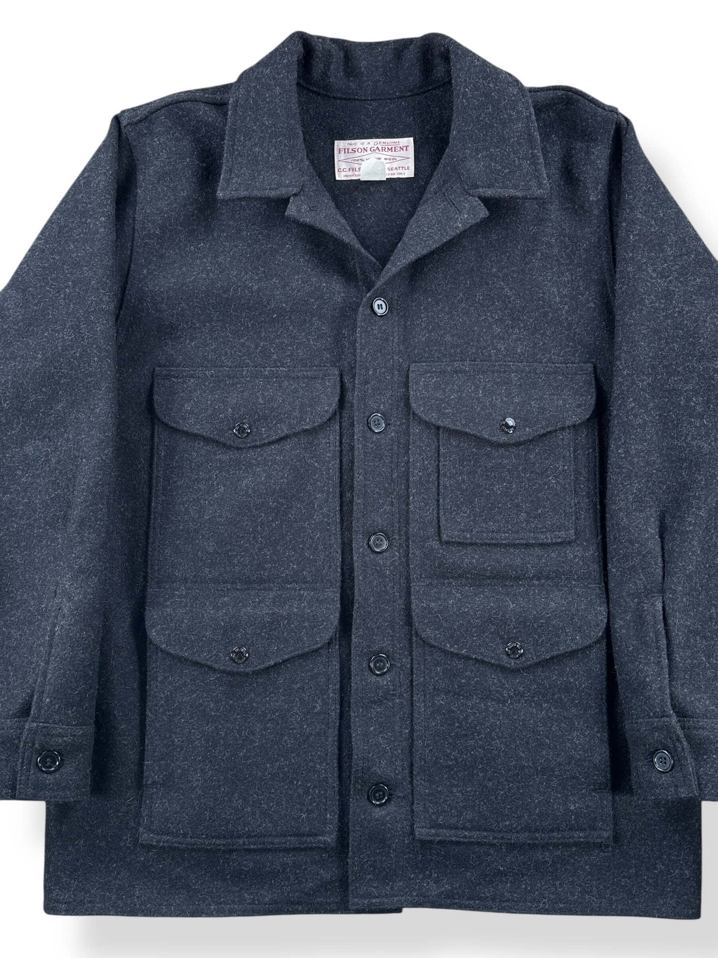 Front Close Up of Filson Mackinaw Charcoal Jacket SZ 42