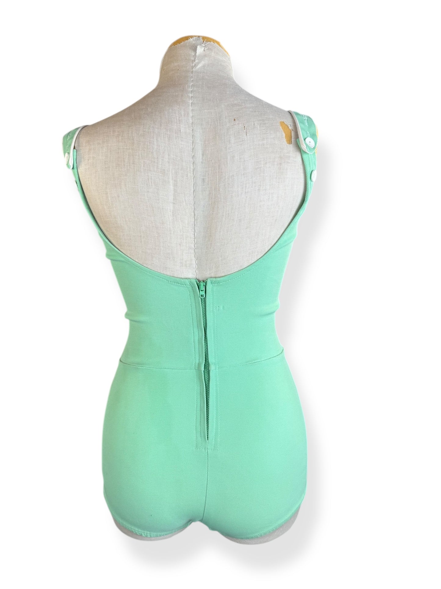 Back view of 1960s Minty Green One Piece Bathing Suit XS-S