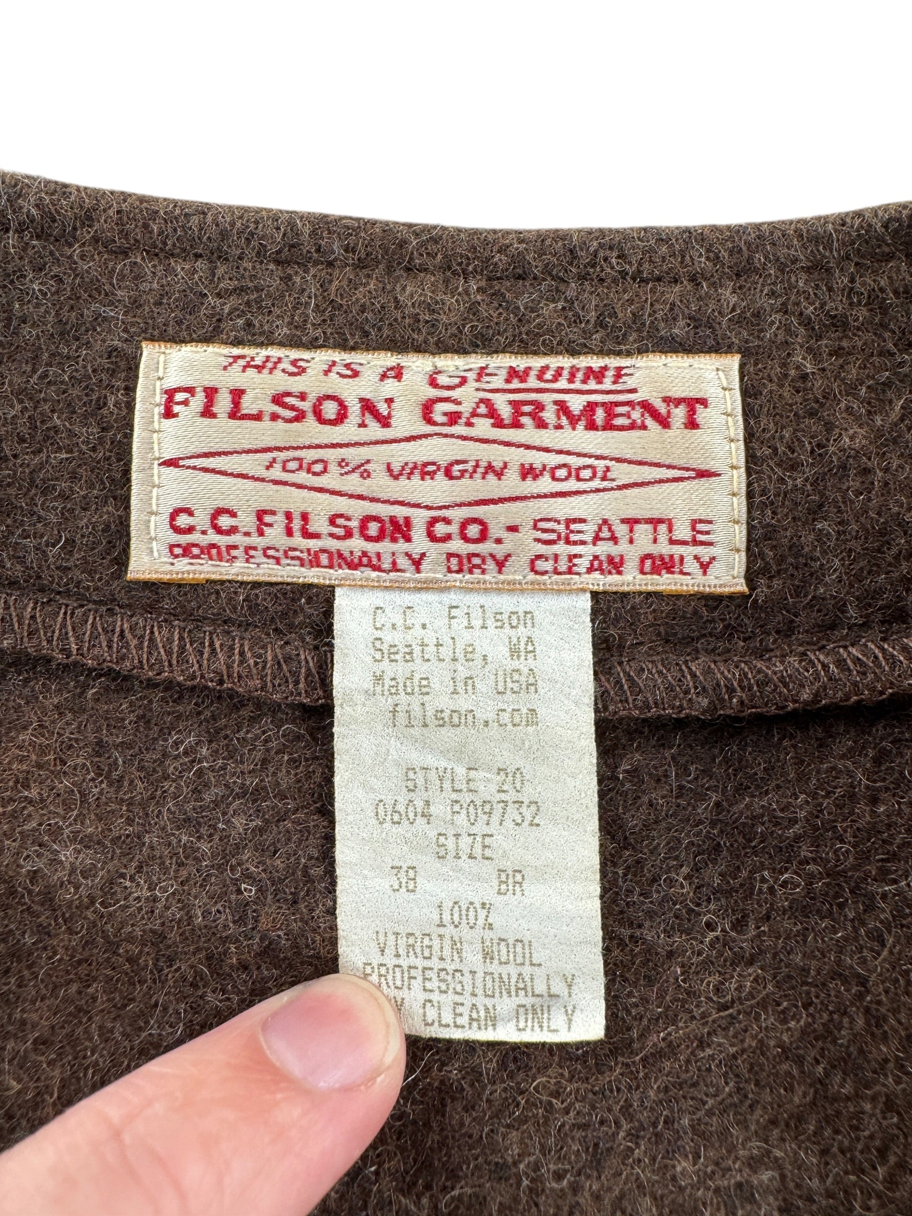 Label on Vintage Filson Brown Mackinaw Vest SZ 38