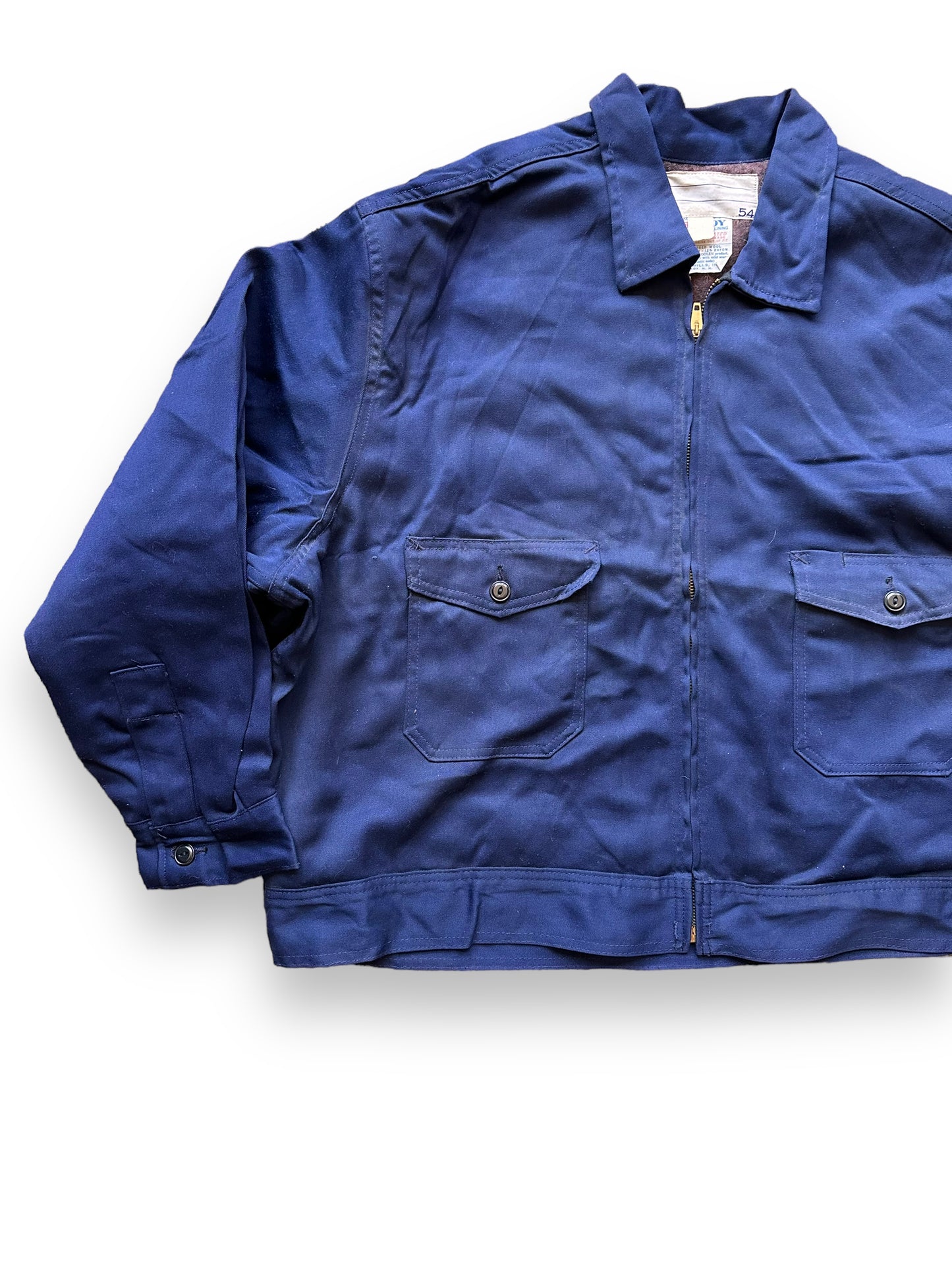 Front Right View of Vintage Blue Troy Blanket Lined Gas Station Jacket SZ 54 | Vintage Workwear Jacket Seattle | Seattle Vintage Clothing