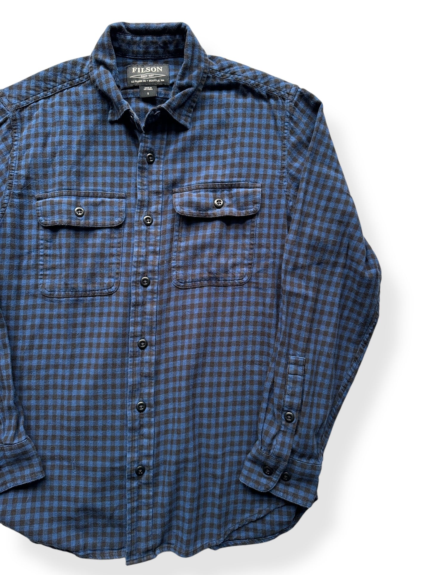 Front Left of Filson Blue Black Cotton Flannel Shirt SZ S