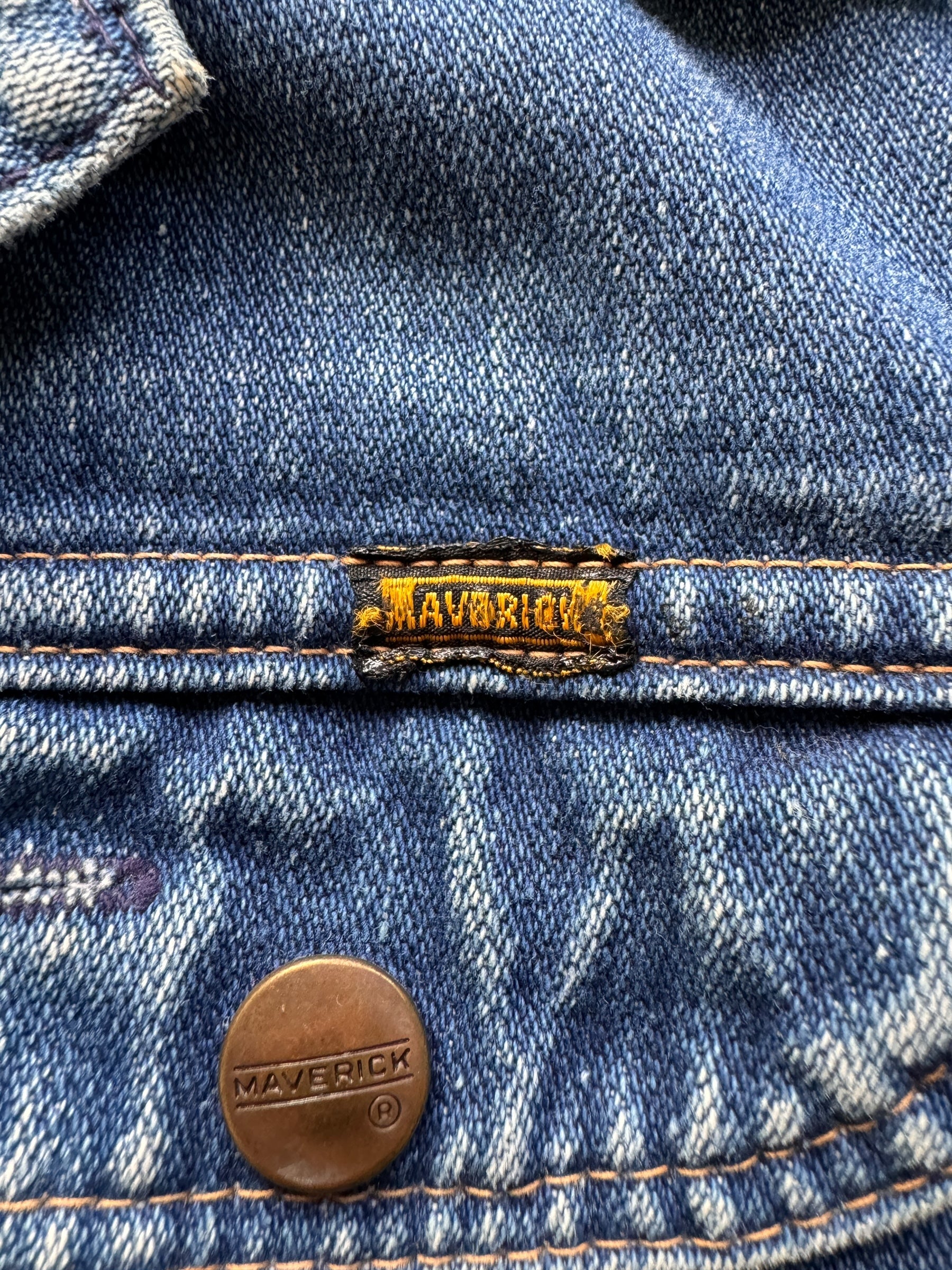 tag on Vintage Maverick MJZ Denim Jacket w/ Busted Zipper SZ 44