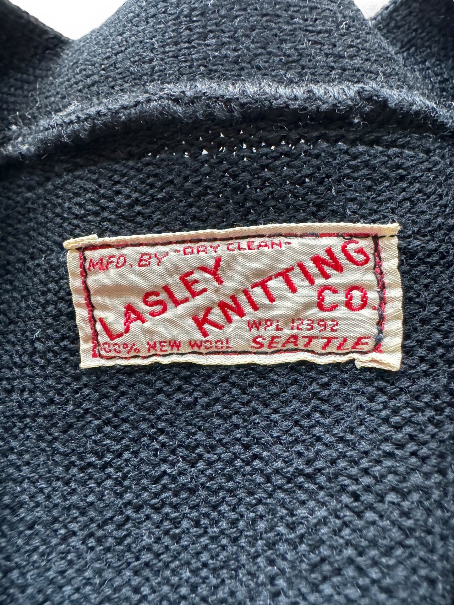 tag on Vintage 1970 Lasley Knitting Mills Letterman Cardigan SZ M