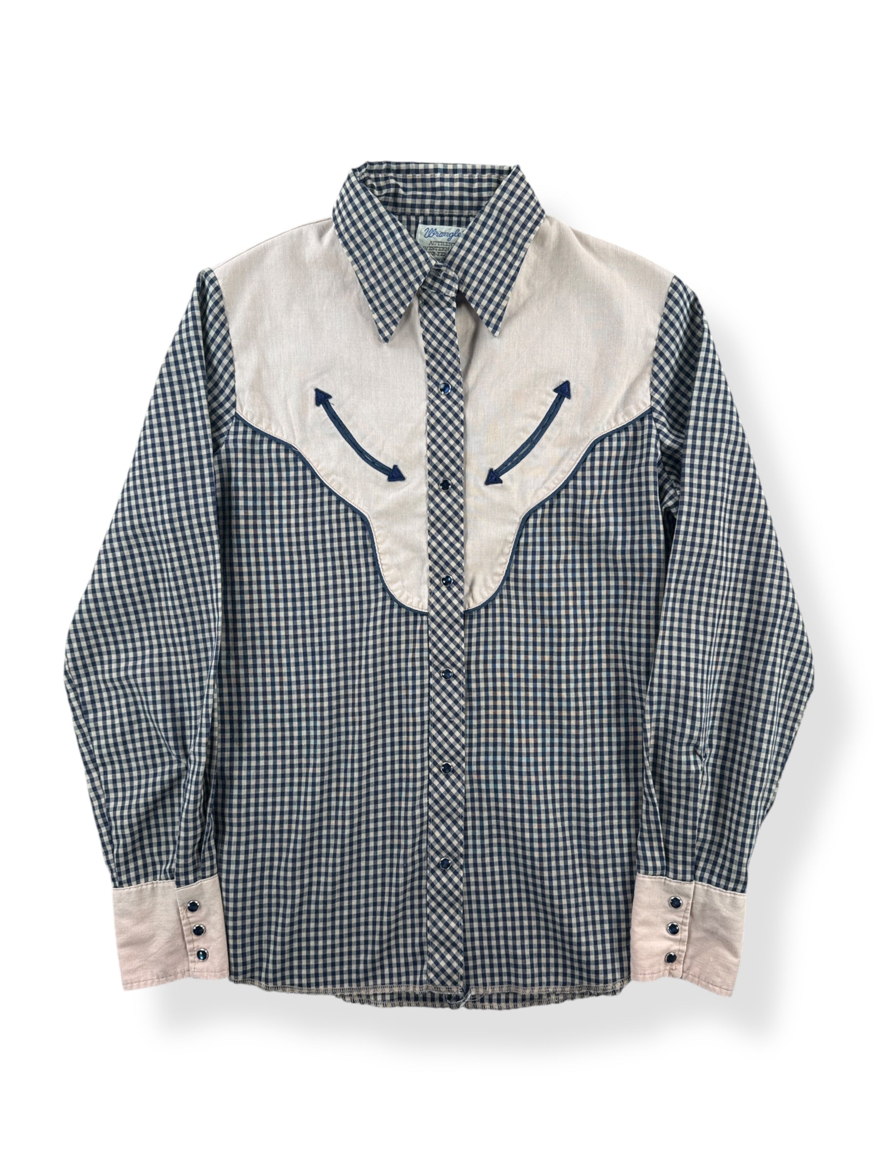Front of Vintage Authentic Ladies Wrangler Gingham Western Top SZ M