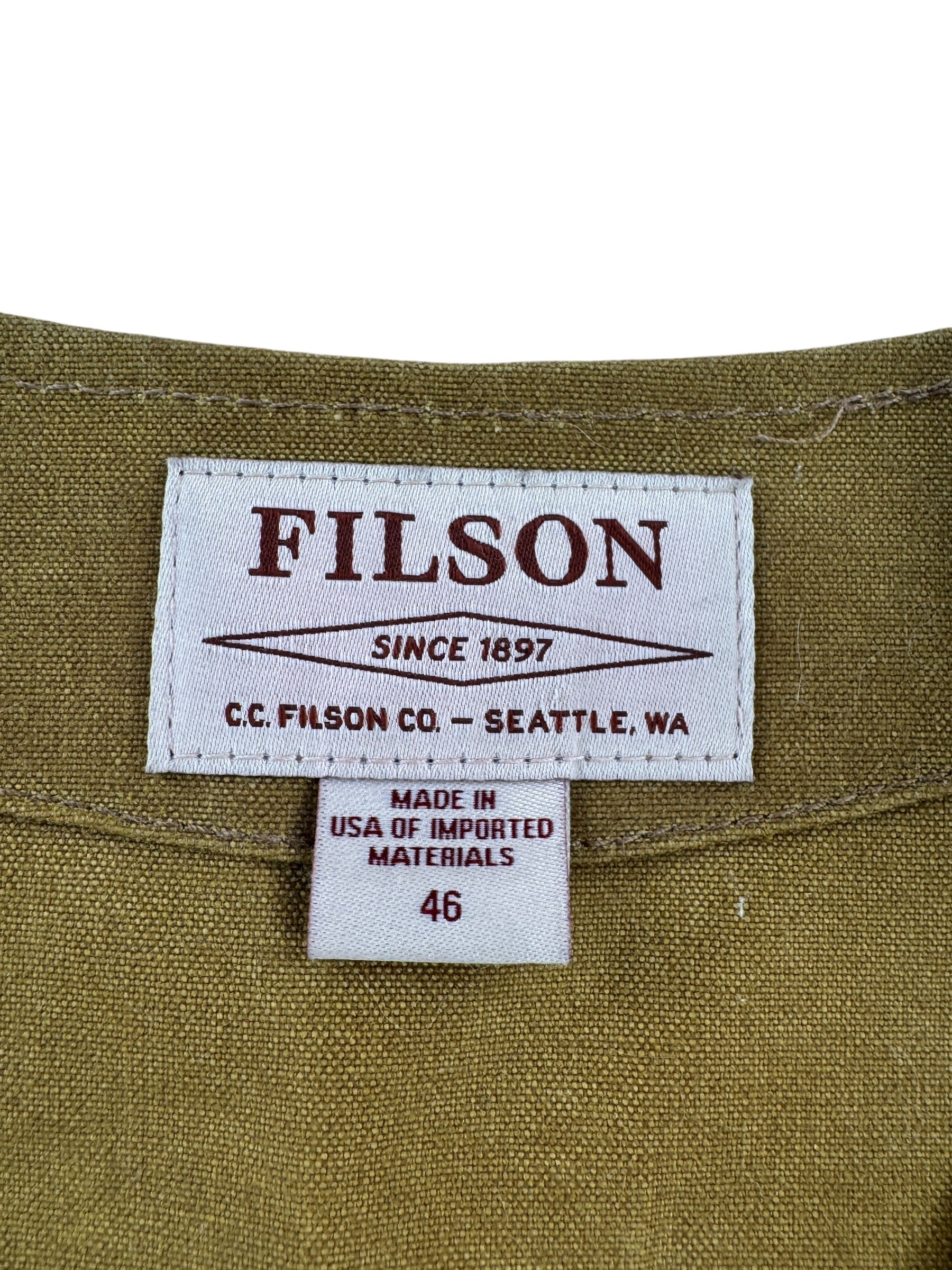 Label on Filson Dark Tan Tin Cloth Vest SZ 46