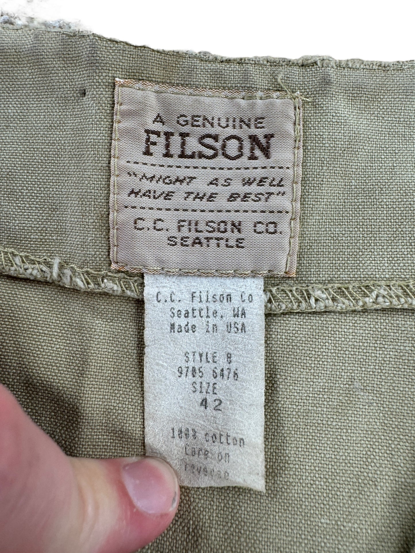 Tag on Vintage Thrashed Filson Style 8 Hunting Vest SZ 42