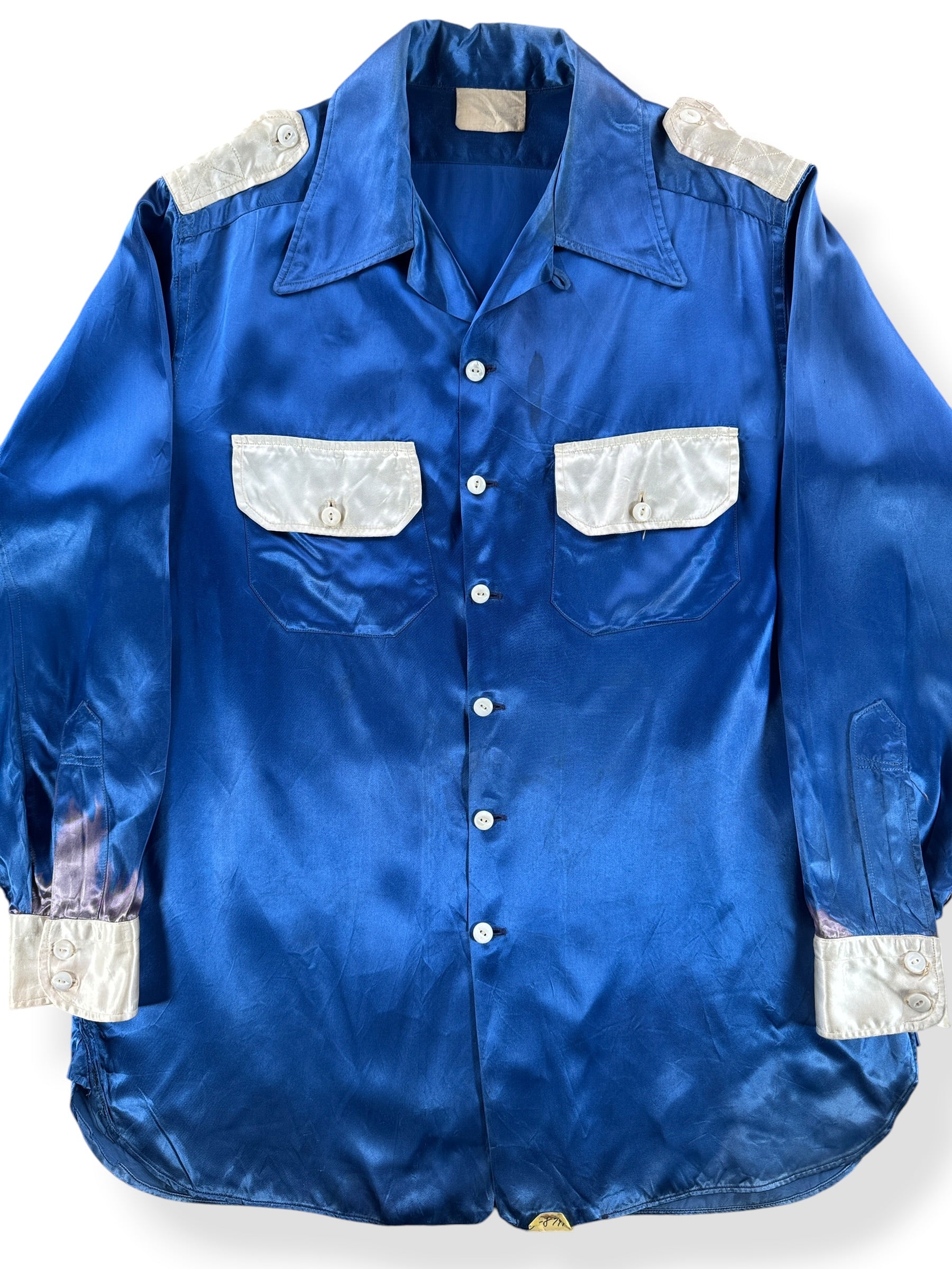Front Close Up of Vintage Blue Satin Loop Collar Shirt SZ M