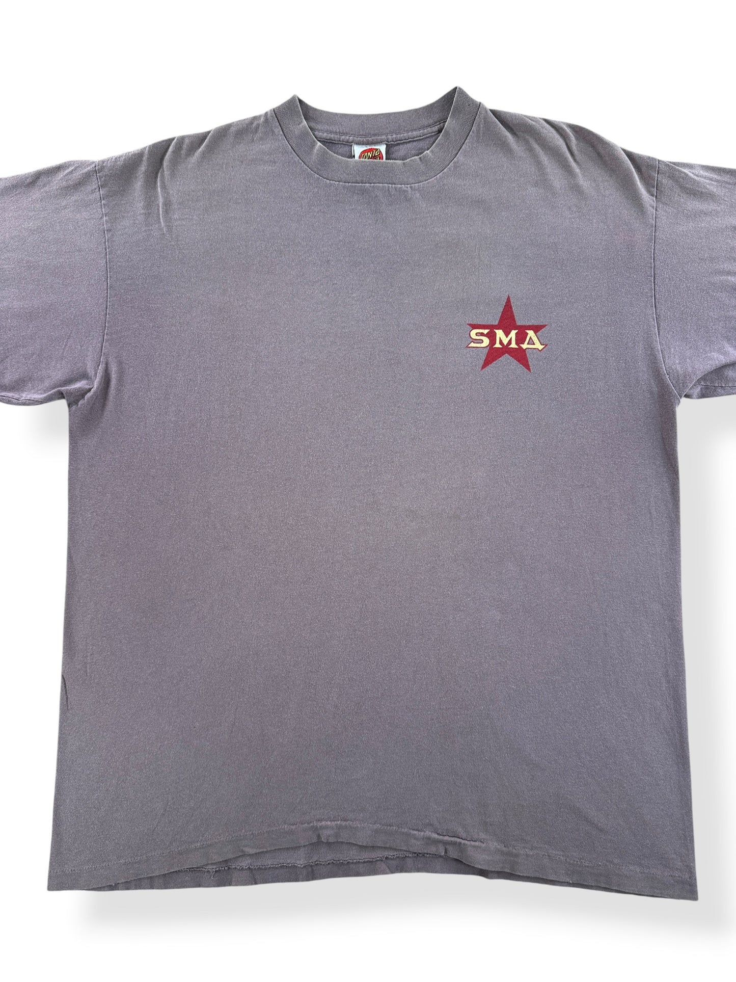 Front Close Up of Vintage Dave Leroux SNA Santa Cruz Skateboard Soviet Style Tee SZ XL
