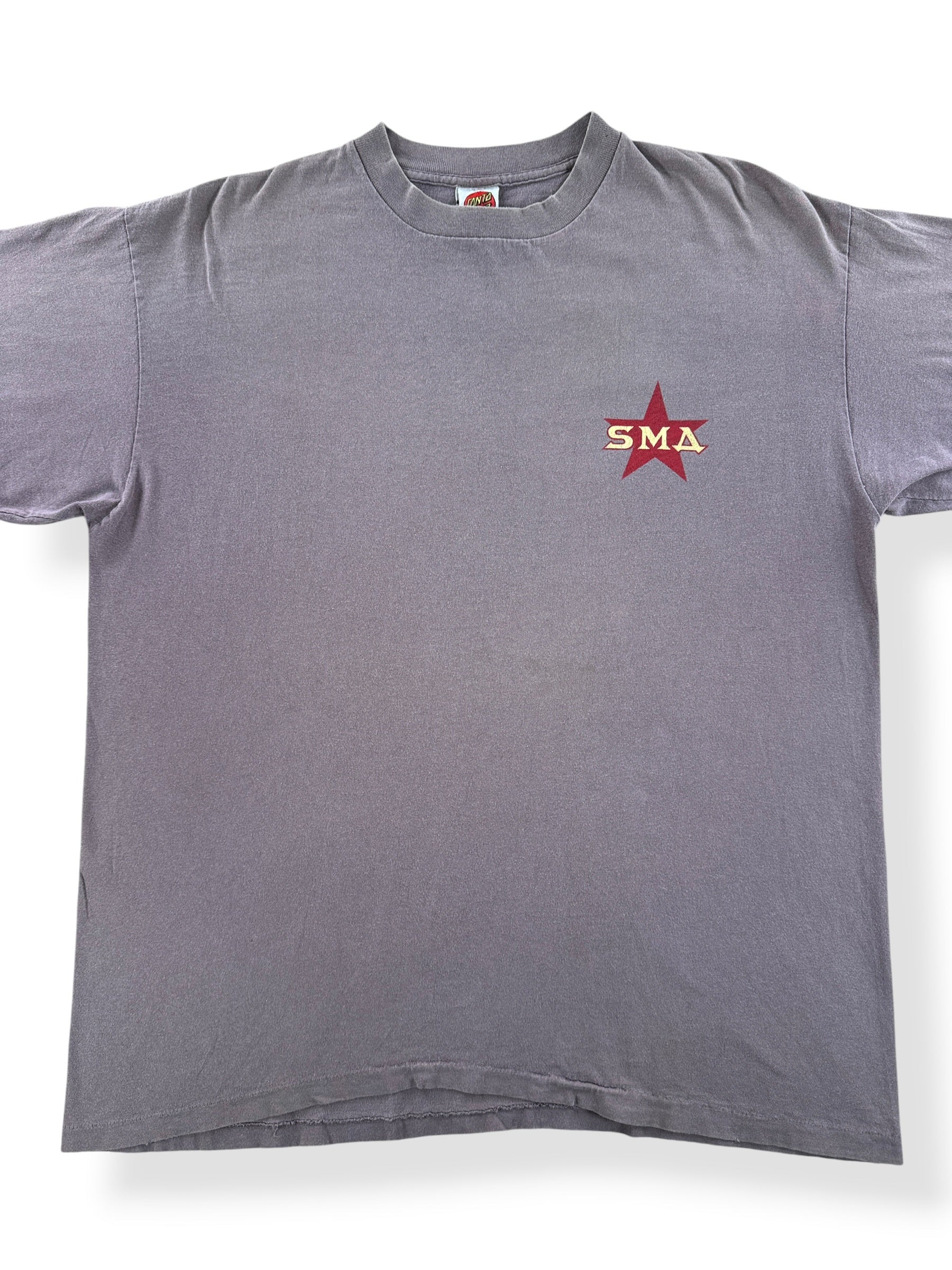 Front Close Up of Vintage Dave Leroux SNA Santa Cruz Skateboard Soviet Style Tee SZ XL
