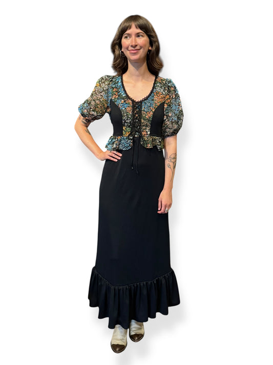 Front view of 1970s Prairie Goth Dress S-M