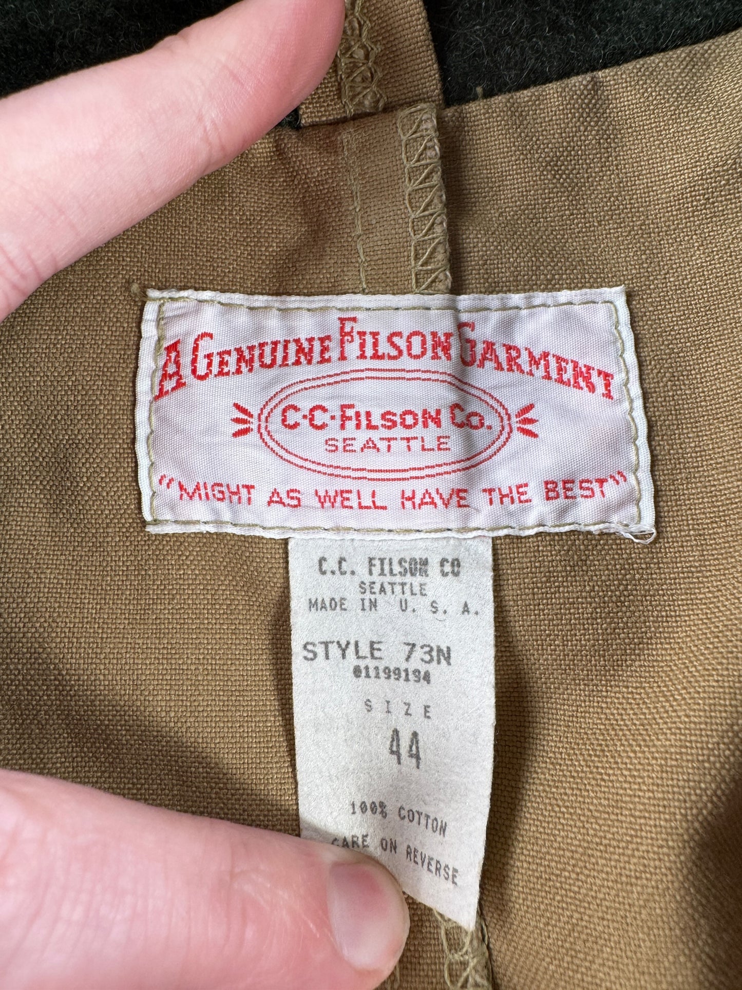 Label on Vintage Filson Dry Tin Cloth Packer Jacket SZ 44