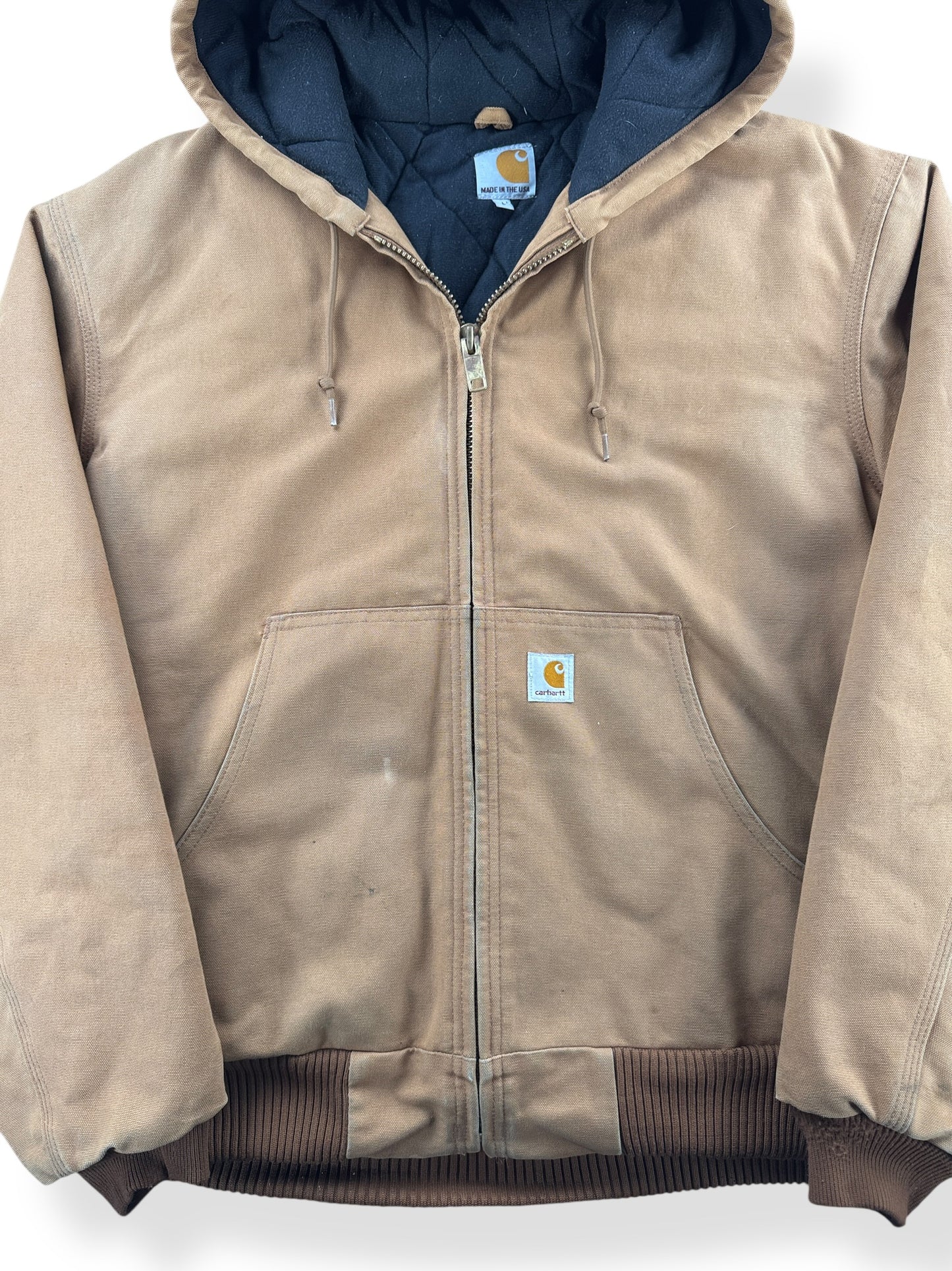 Front Close Up of Vintage Carhartt Hooded Jacket SZ L