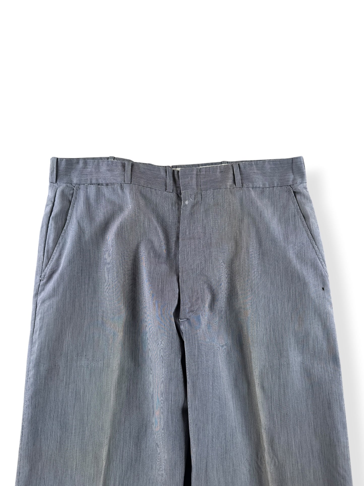 Front Close Up of Vintage 50s Pinstripe Buckleback Trousers W34