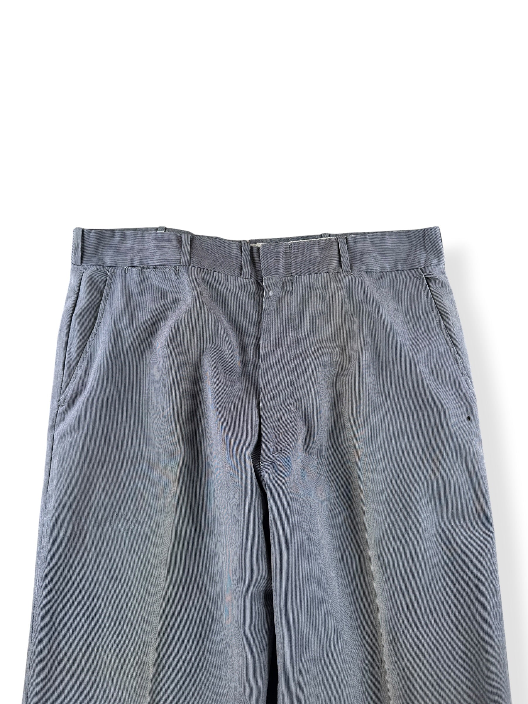 Front Close Up of Vintage 50s Pinstripe Buckleback Trousers W34