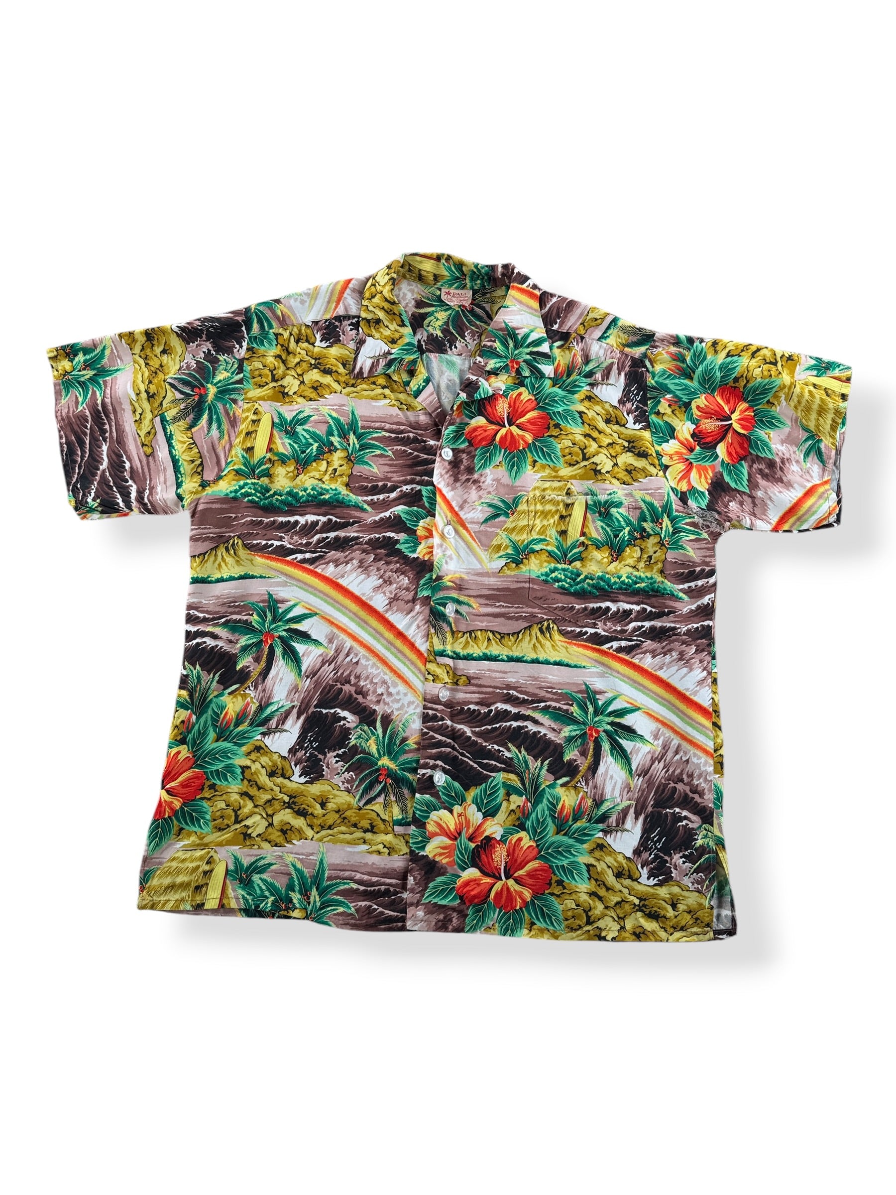 Front of Vintage Pali Hand Printed Rayon Aloha Shirt SZ L AS IS