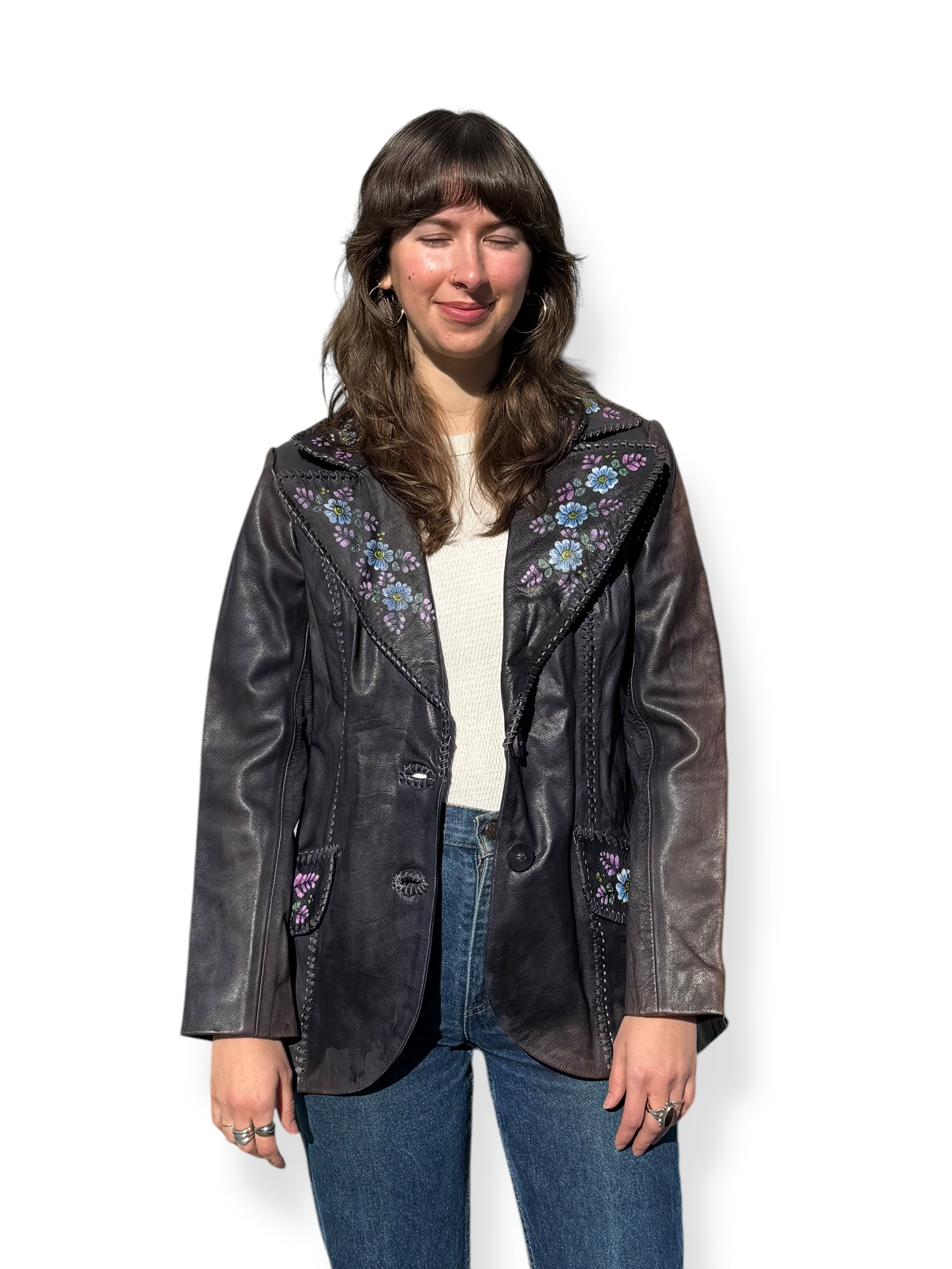 Front view of 1970s Char Mexican Hand Painted Leather Jacket M-L