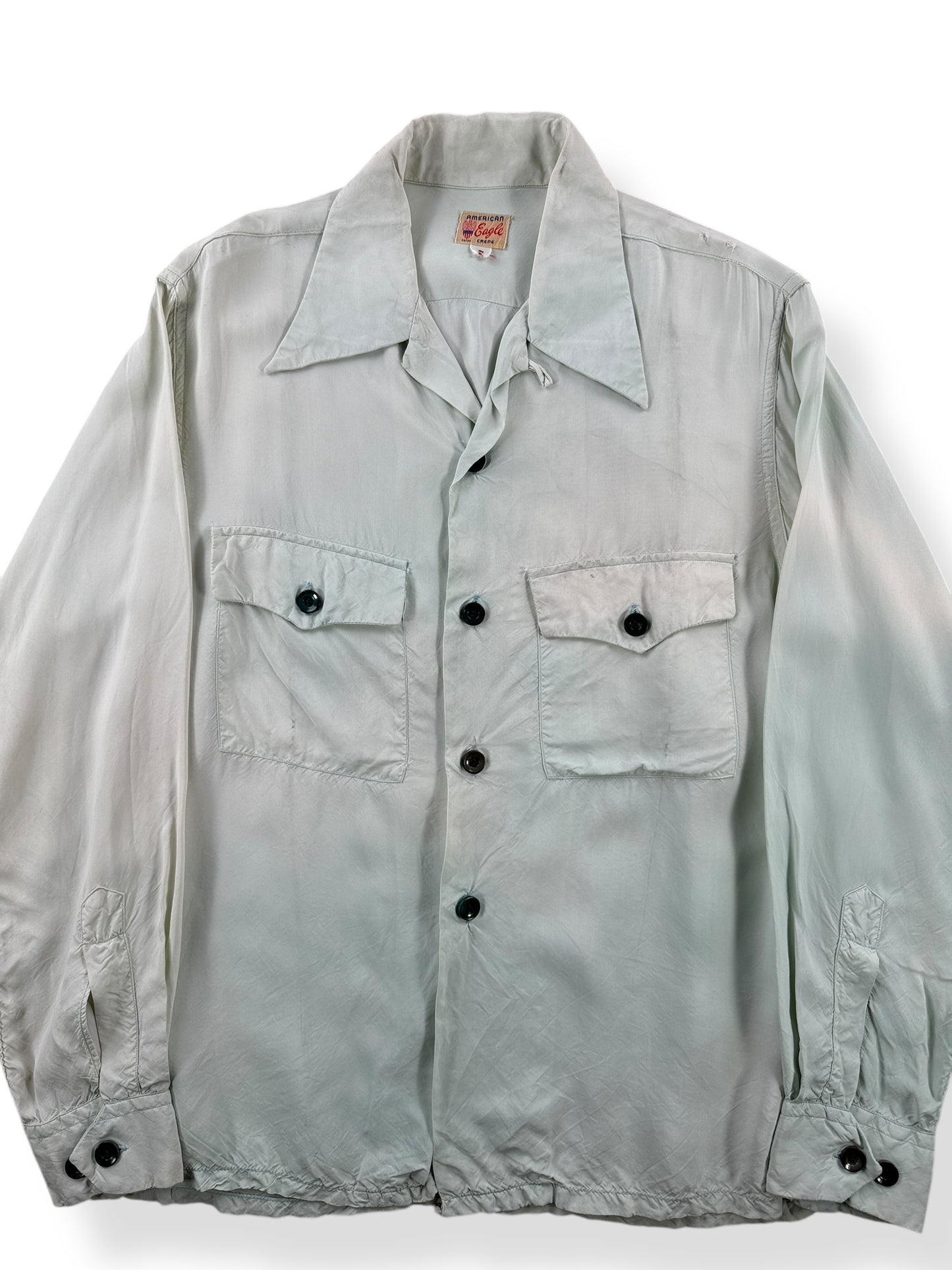 Front Close Up of Vintage American Eagle Crepe Loop Collar Shirt SZ S