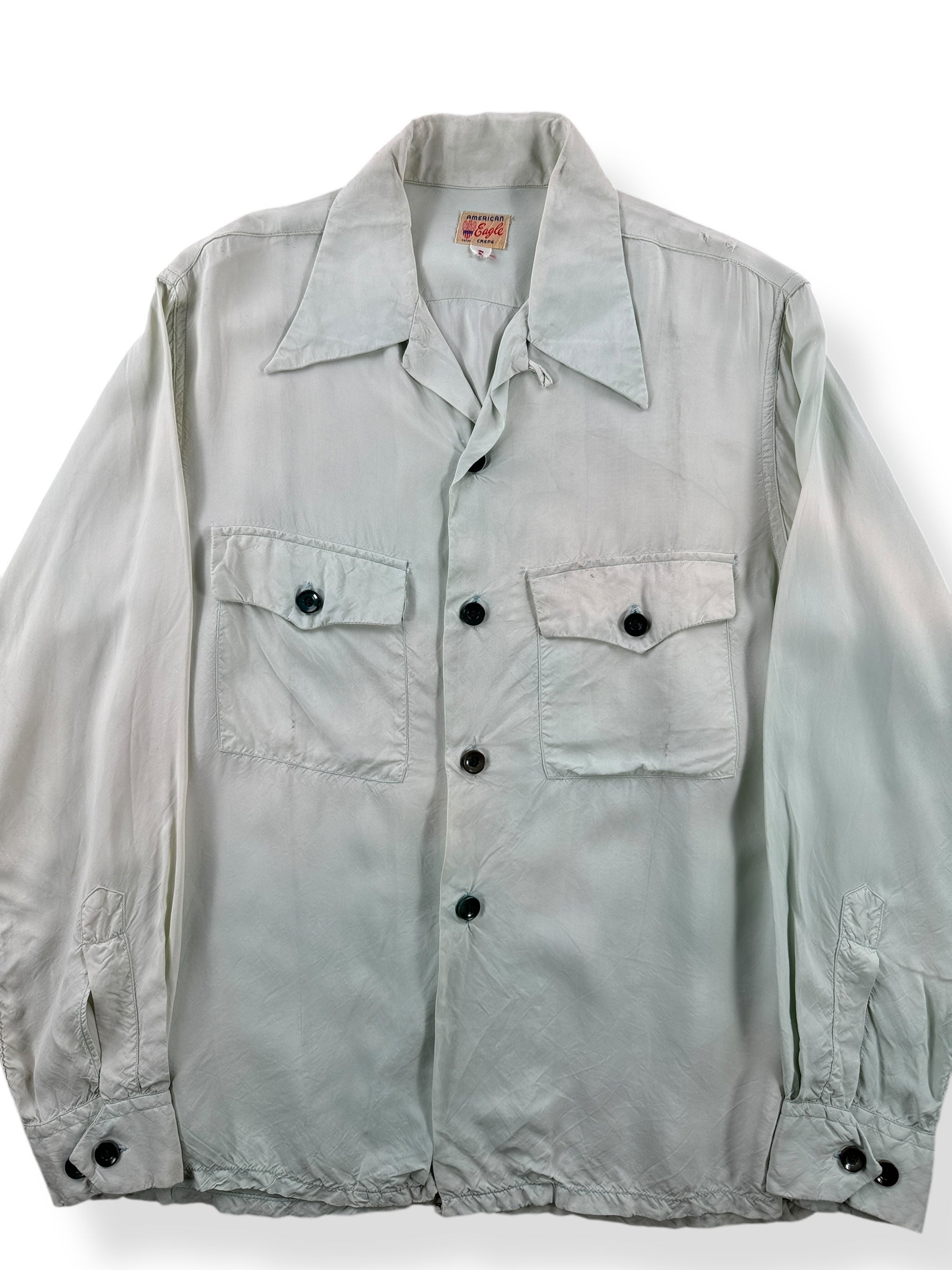 Front Close Up of Vintage American Eagle Crepe Loop Collar Shirt SZ S