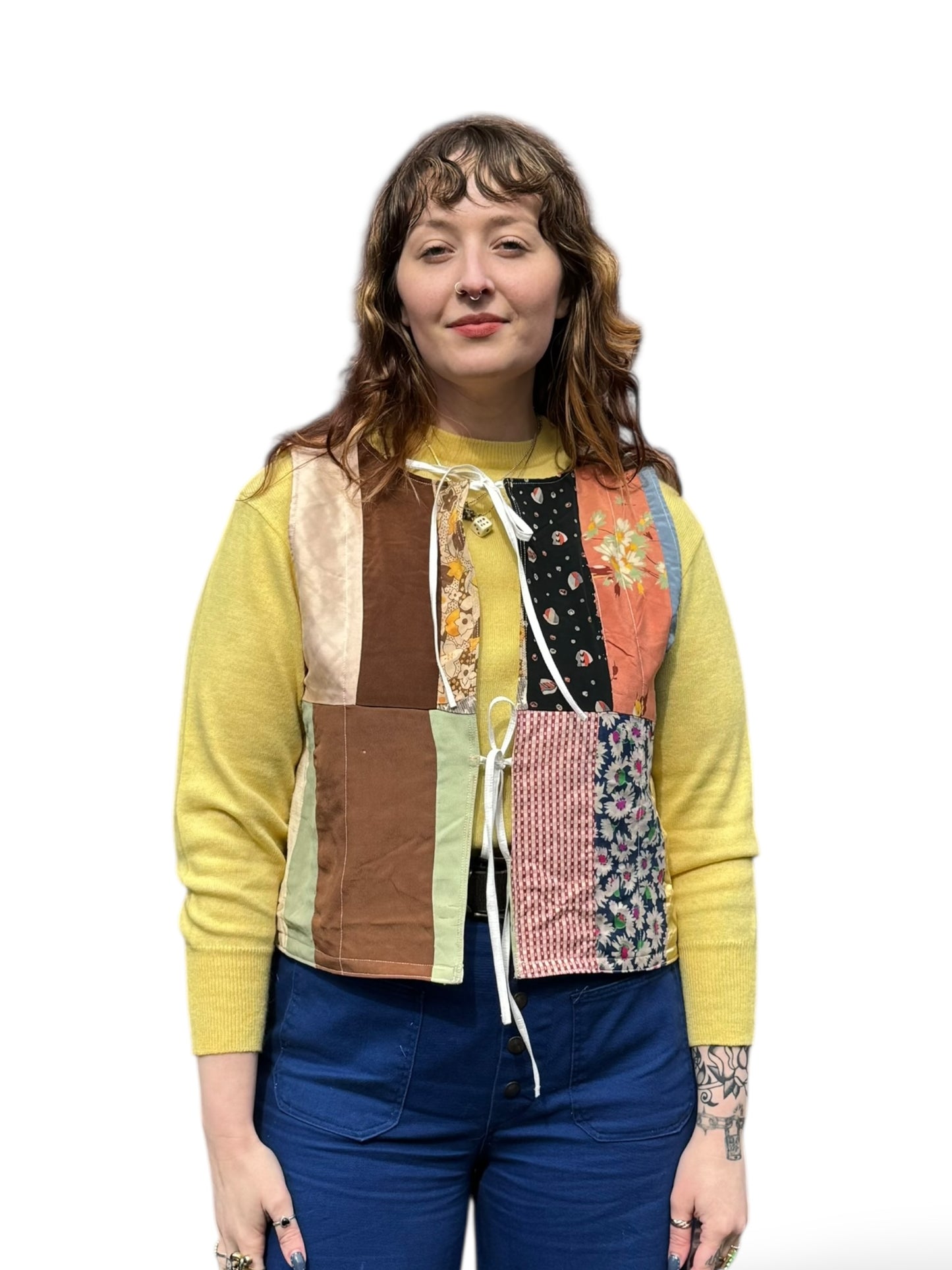 On Body Front of Archive Craft X Barn Owl Vintage Quilt Tie Tank SZ S
